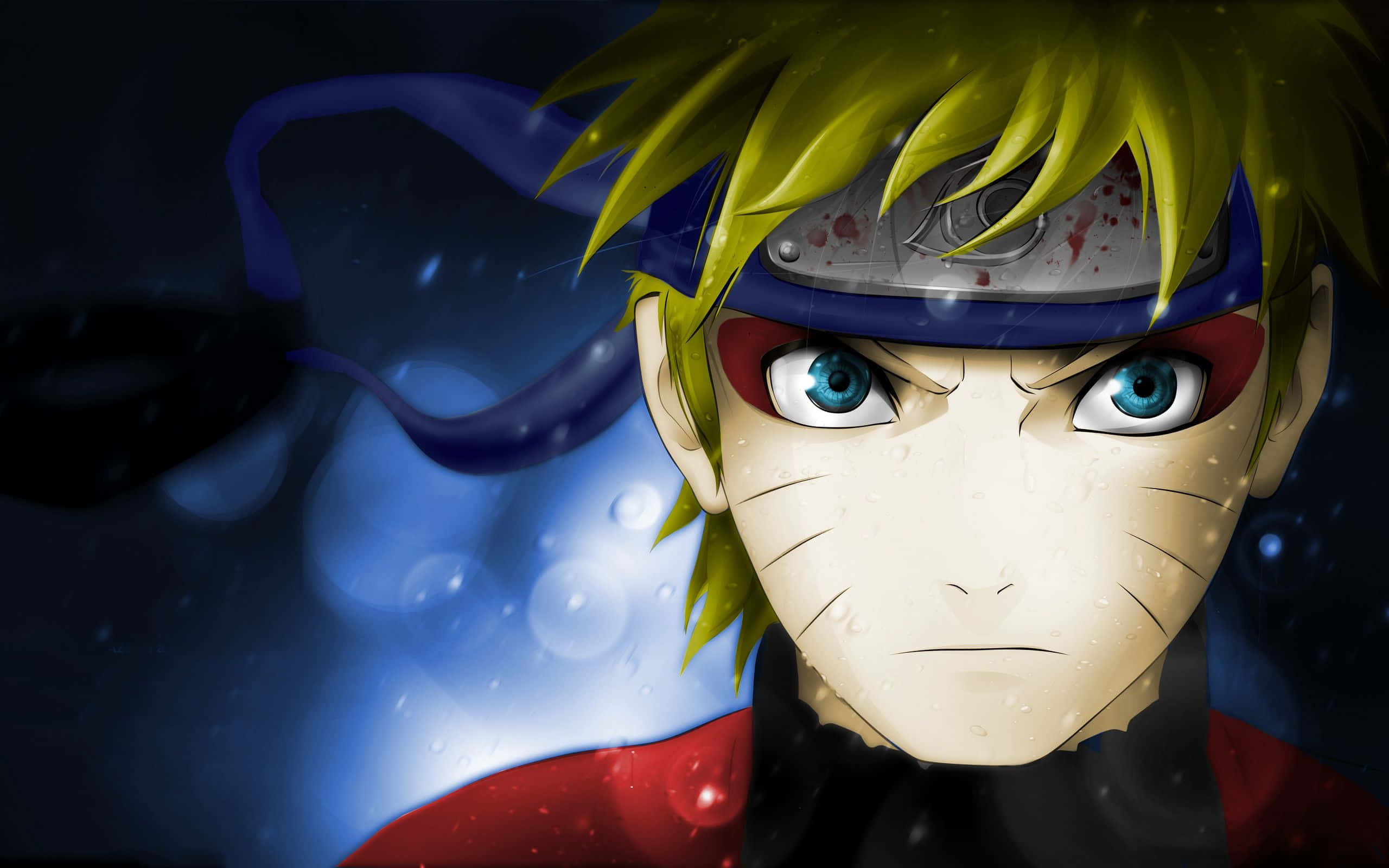 Naruto Uzumaki 4K 桌布 壁紙 — 一個堅定的動漫男孩，有著尖刺金髮和藍眼睛，在深藍色散景背景下強烈凝視。