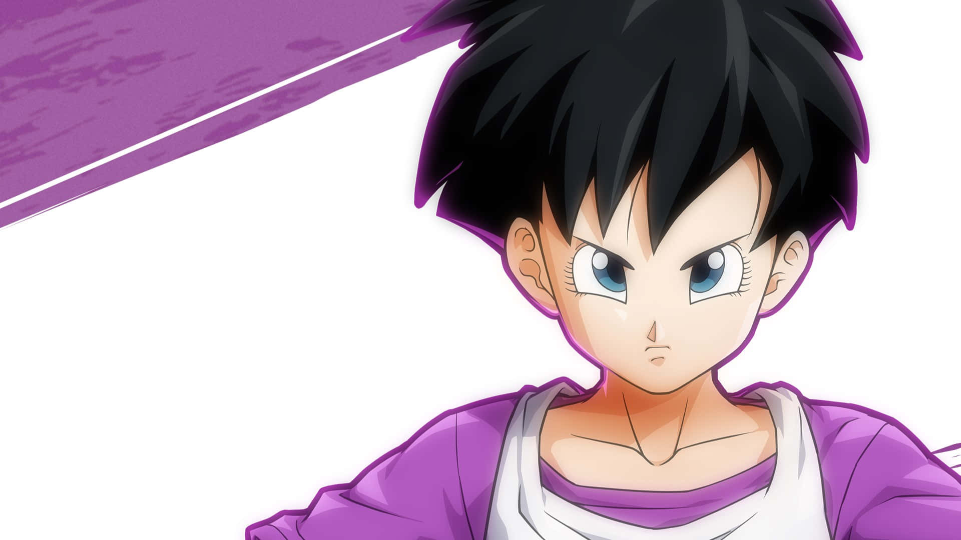 Videl 桌布 壁紙 — 一個堅定的動漫男孩，有著黑色刺蝟頭和藍色眼睛，穿著紫色和白色的服裝，背景是鮮明的紫色和白色。