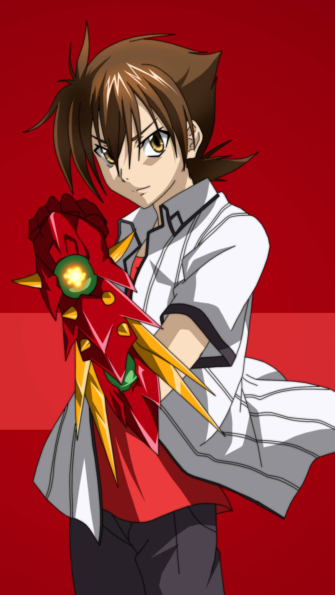 Dxd 桌布 壁紙 — 一個堅定的動漫男孩，棕色頭髮，在純紅色背景前拿著發光的紅金色武器。
