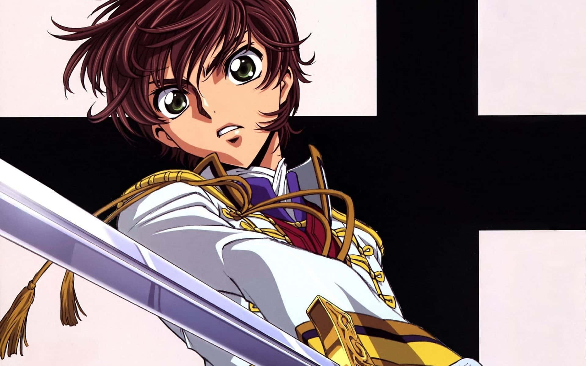 Suzaku Kururugi 桌布 壁紙 — 一個堅定的動漫男孩，棕色頭髮和綠色眼睛，在黑白十字背景前緊握著劍。
