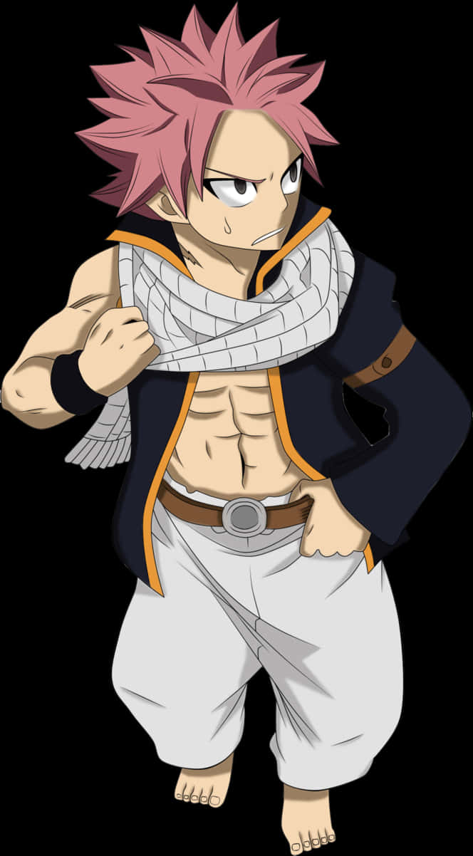 Natsu 桌布 壁紙 — 一個堅定的動漫男孩，粉紅色尖刺頭髮和白色圍巾，赤腳站在黑色背景前。