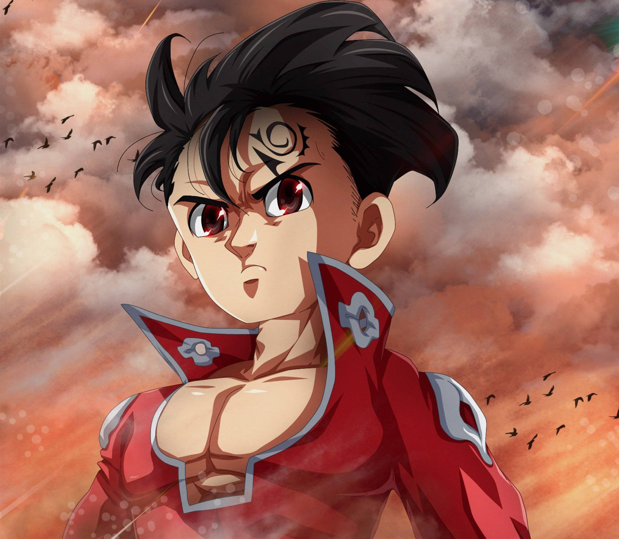 zeldris 桌布 壁紙 — 一個堅定的動漫男孩，紅眼睛黑頭髮，穿著紅色盔甲，背景是火紅色的天空，有鳥兒飛翔。