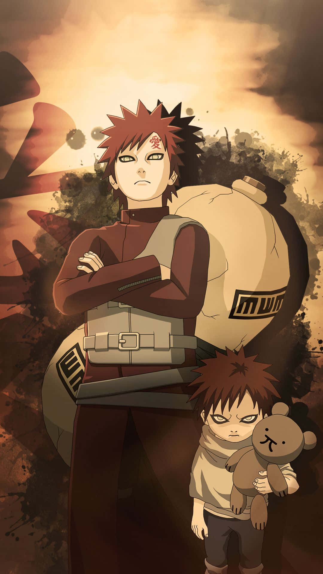 Gaara Naruto Anime 桌布 壁紙 — 一個堅定的動漫男孩，紅色刺蝟頭，額頭上有封印，雙手交叉站立，旁邊有一個較小的自己抱著泰迪熊，背景是火熱的橙色和棕色。