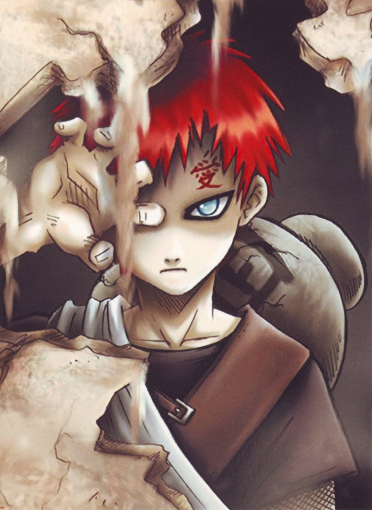 Gaara 桌布 壁紙 — 一個堅定的動漫男孩，紅髮和一個漢字刺青，在石頭碎片在他周圍爆炸時，他凝視著。