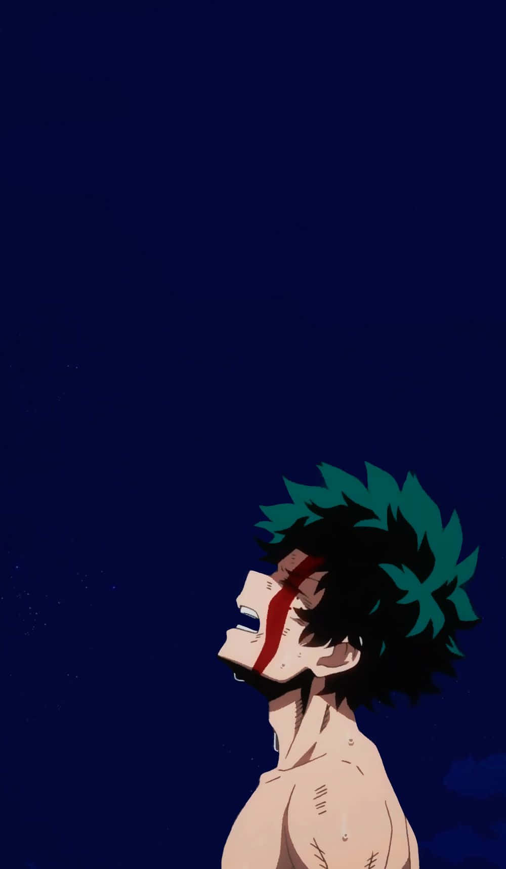 Deku Phone 桌布 壁紙 — 一個堅定的動漫男孩，綠色頭髮和紅色眼罩，在星空下向上凝視。