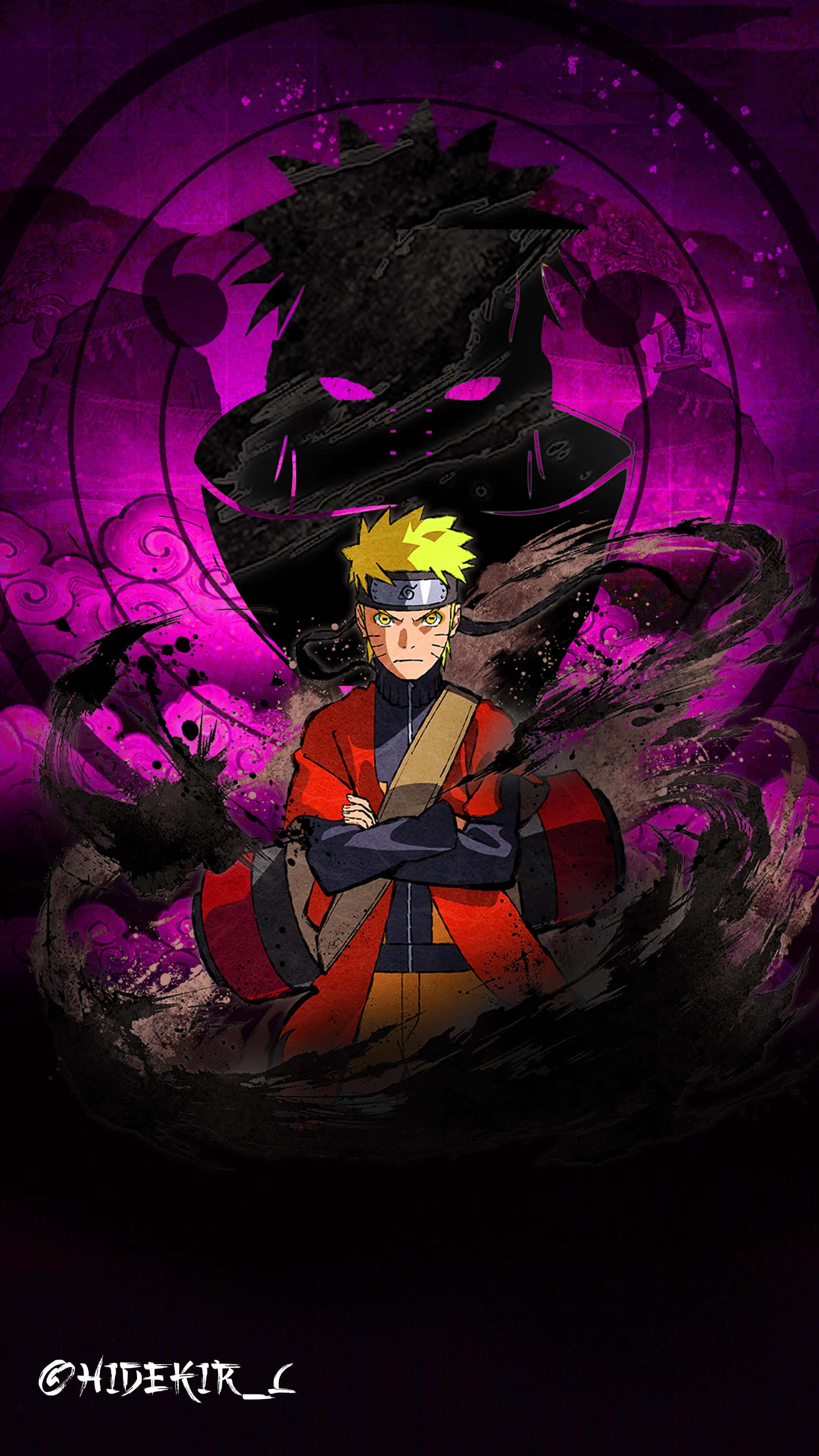 Naruto Aesthetic Computer 桌布 壁紙 — 一個堅定的動漫男孩，身穿紅色斗篷，站在一個帶有發光紫色眼睛的逼近黑暗陰影前，背景是旋轉的紫色。