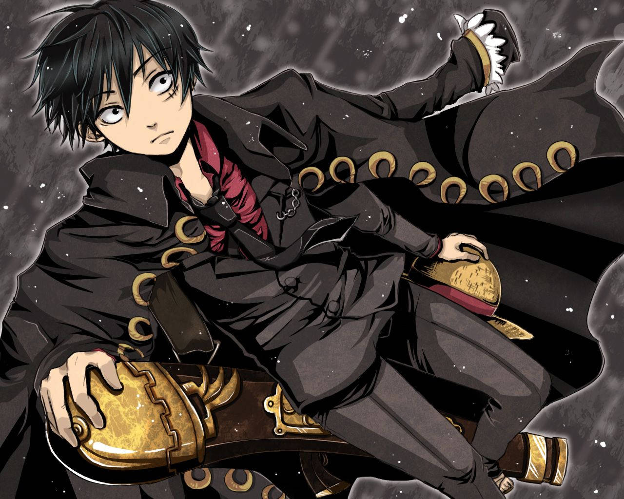 luffy 4K 桌布 壁紙 — 一個堅定的動漫男孩，身穿黑色金邊外套，在暴風雨的灰色背景下持劍。