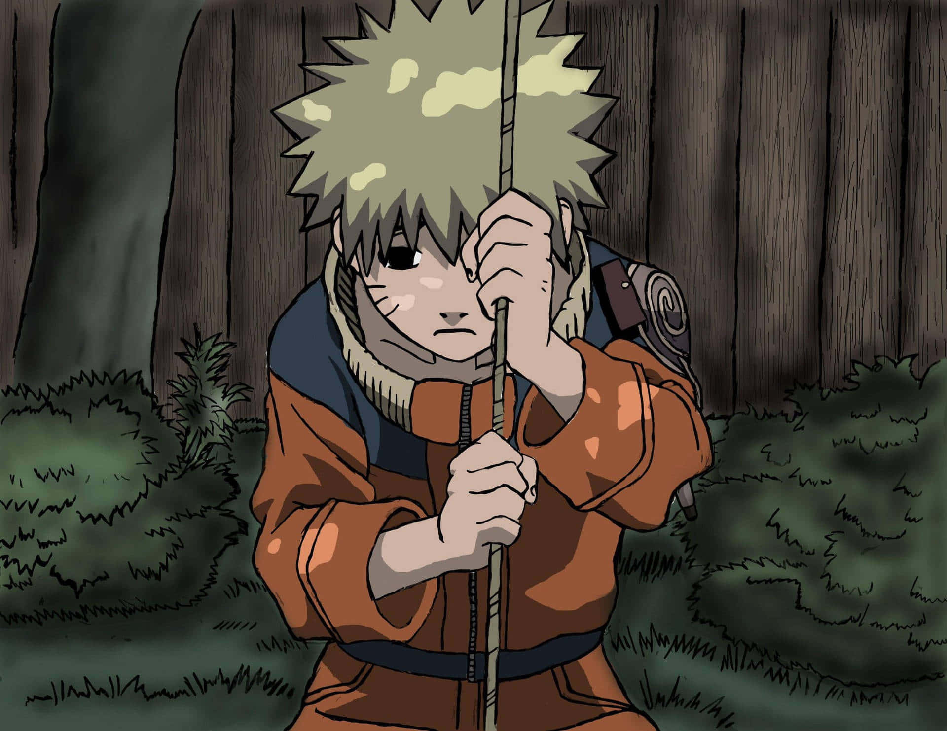 Sad Aesthetic Naruto 桌布 壁紙 — 一個堅定的動漫男孩，金色刺蝟頭，在昏暗的森林空地中緊握著一根法杖。