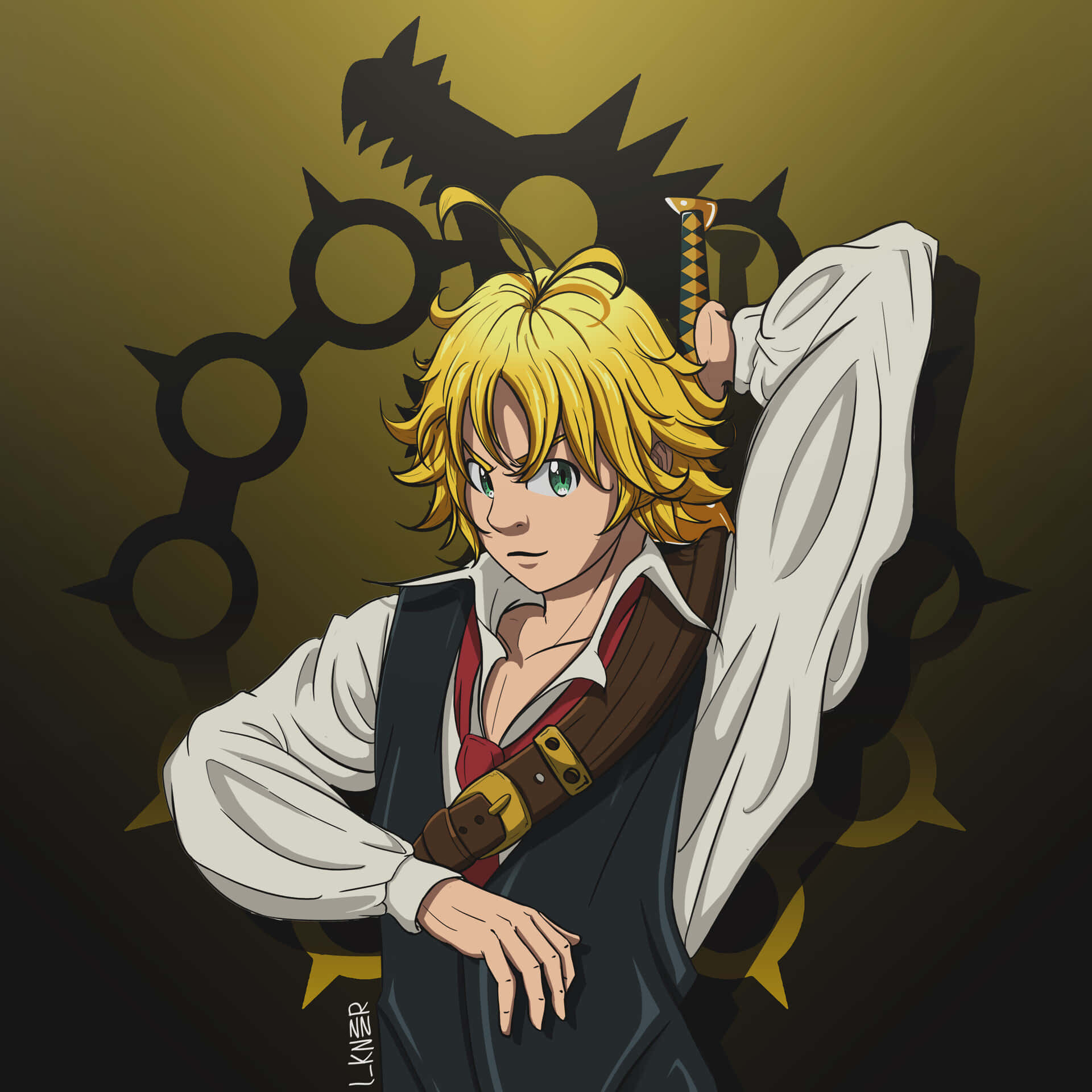 Meliodas 桌布 壁紙 — 一個堅定的動漫男孩，金色頭髮和綠色眼睛，在黑暗金色背景上握著劍在背後，背景有龍的剪影。