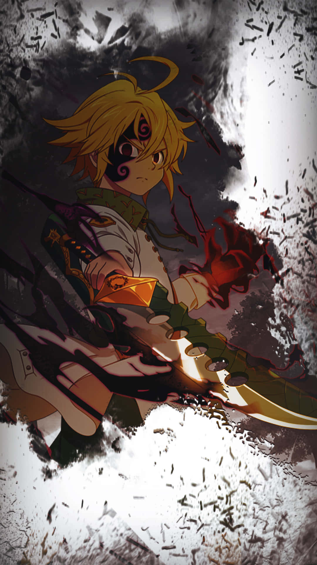Meliodas 桌布 壁紙 — 一個堅定的動漫男孩，金髮和黑色眼罩，在破碎的碎片和黑煙中揮舞著發光的劍。