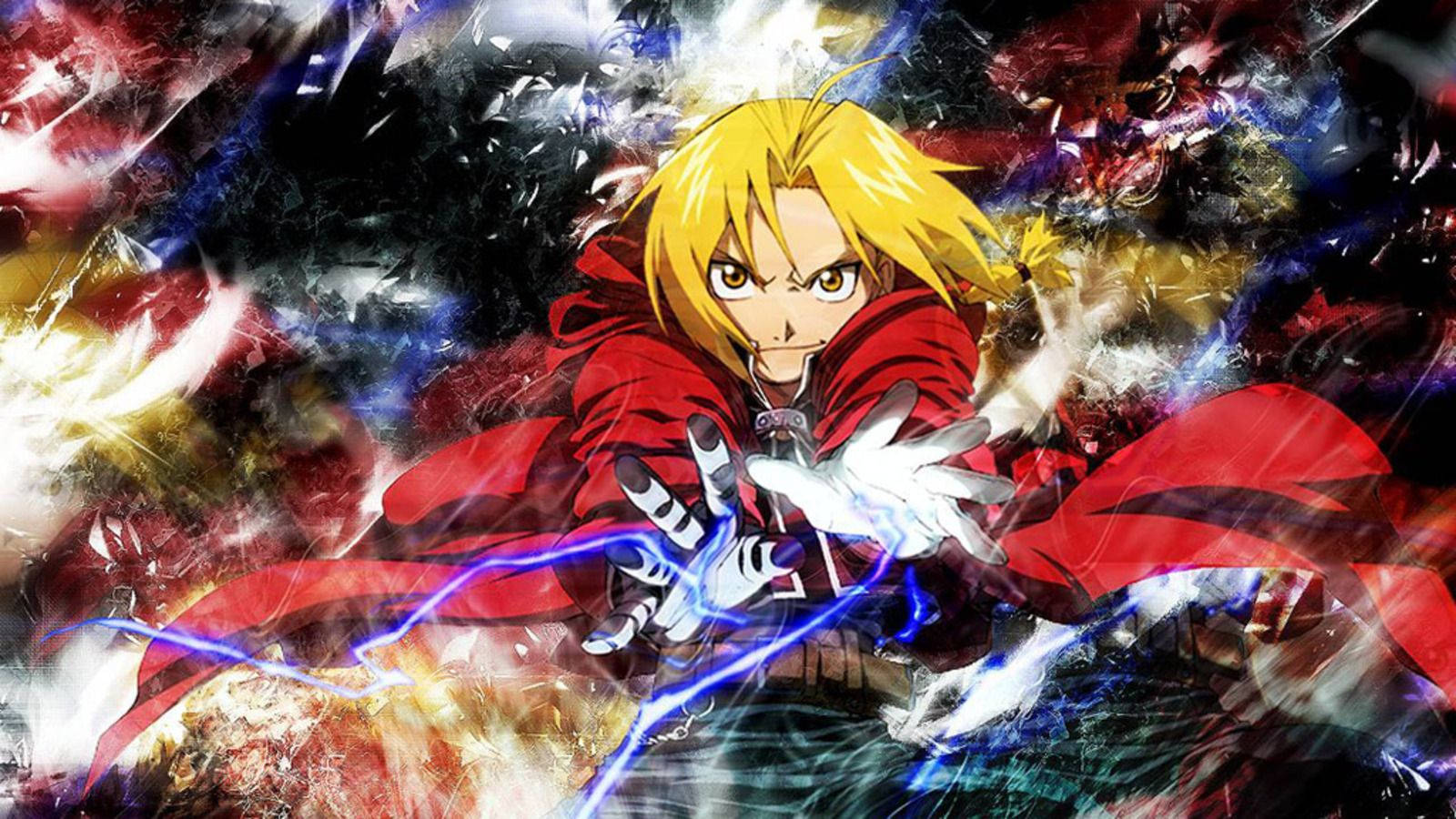 Fullmetal Alchemist 桌布 壁紙 — 一個堅定的動漫男孩，金髮紅外套，在彩色碎片混亂爆炸中引導藍色能量。