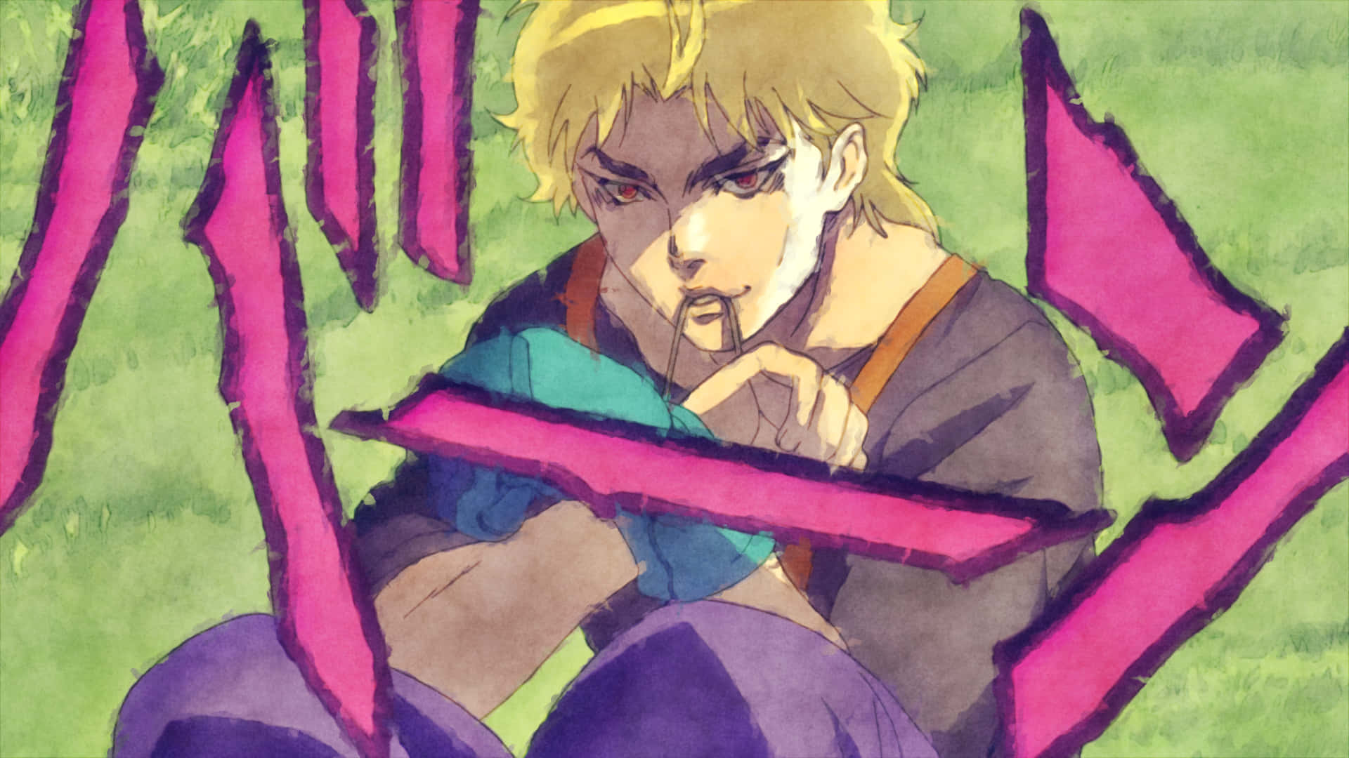 Phantom Blood 桌布 壁紙 — 一個堅定的動漫男孩，金髮紅眼，在充滿活力的綠草中緊握著一把發光的粉紅色劍。