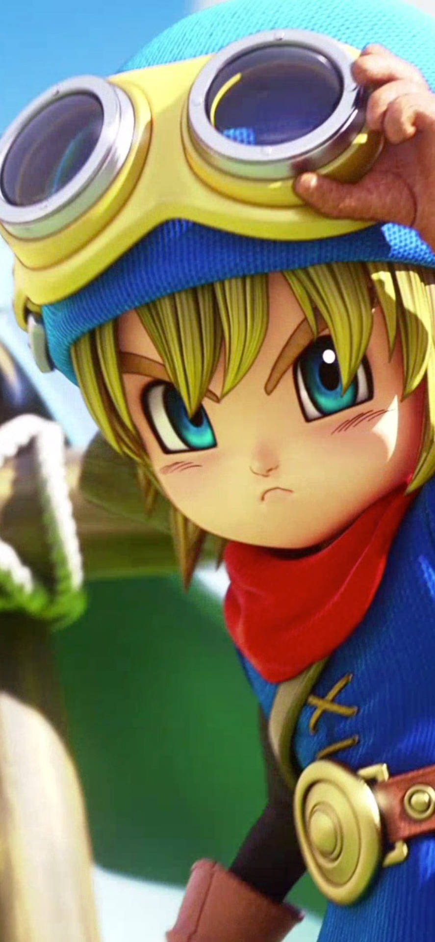 dragon quest 桌布 壁紙 — 一個堅定的動漫男孩，金髮藍眼，戴著黃色護目鏡和藍色帽子，舉起它們。