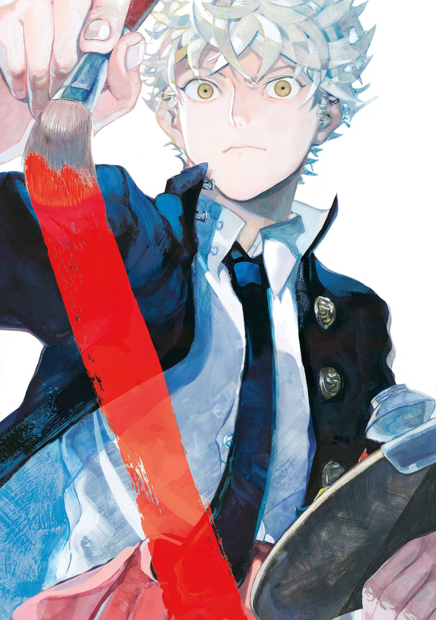 period 桌布 壁紙 — 一個堅定的動漫男孩，銀色尖刺頭髮，在純白背景下，手持畫筆，紅色顏料滴落在他的軀幹上。