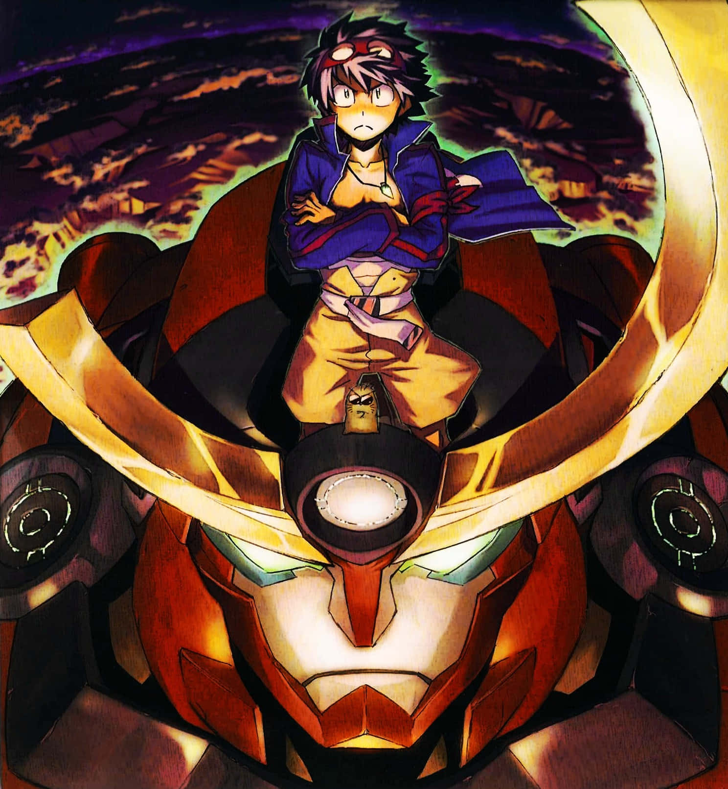 Gurren Lagann 桌布 壁紙 — 一個堅定的動漫男孩，頭髮尖刺，坐在發光的紅色和金色機甲上，背景是熾熱的宇宙。