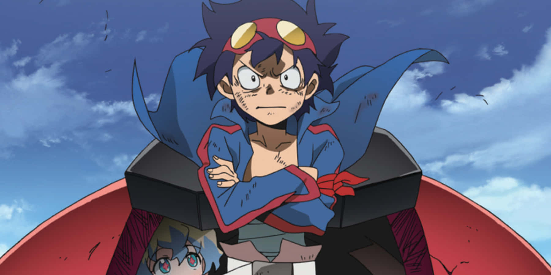 Gurren Lagann 桌布 壁紙 — 一個堅定的動漫男孩，頭髮尖刺，戴著護目鏡，站在一輛紅黑相間的車輛上，背景是明亮的藍天和蓬鬆的雲朵。