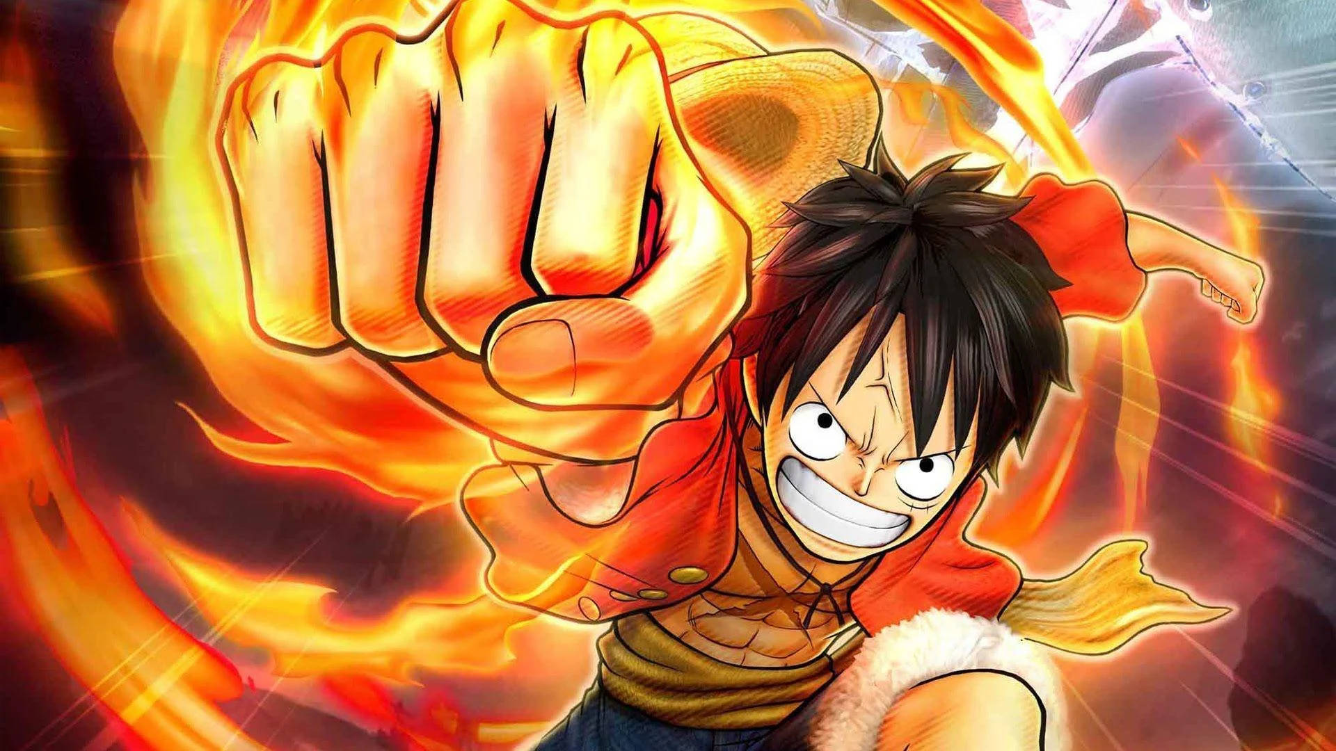 Luffy 桌布 壁紙 — 一個堅定的動漫男孩，黑髮紅外套，在熾熱的橙色火焰包圍下向前揮拳。
