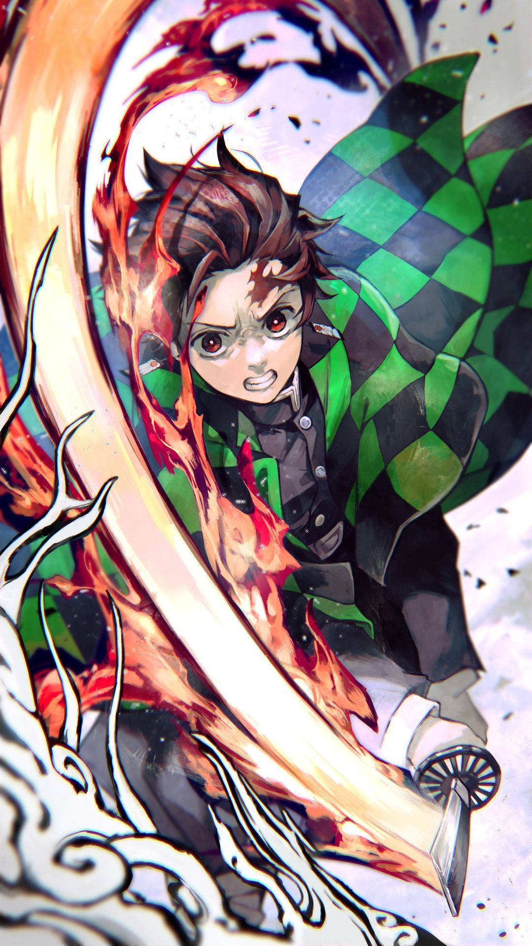 Tanjiro Kamado 桌布 壁紙 — 一個堅定的動漫男孩穿著綠色格子和服，在旋轉的紅色和白色能量中揮舞著火焰劍。