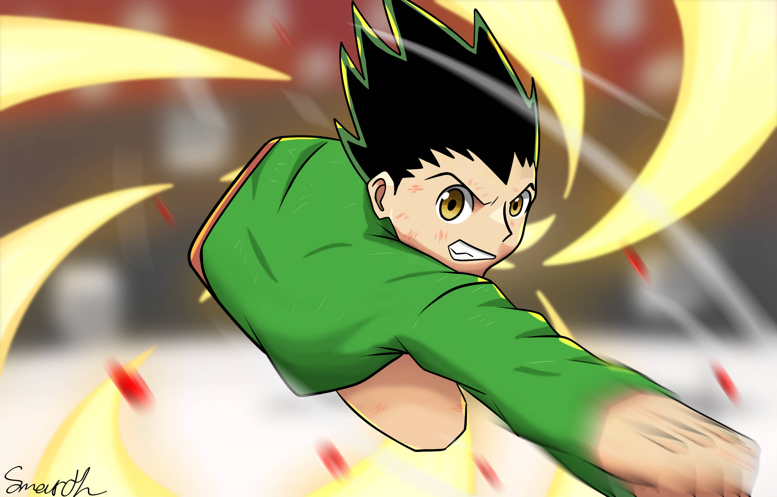 小傑 桌布 壁紙 — 一個堅定的動漫男孩穿著綠色連帽衫，向前出拳，黃色能量條紋在他周圍旋轉。