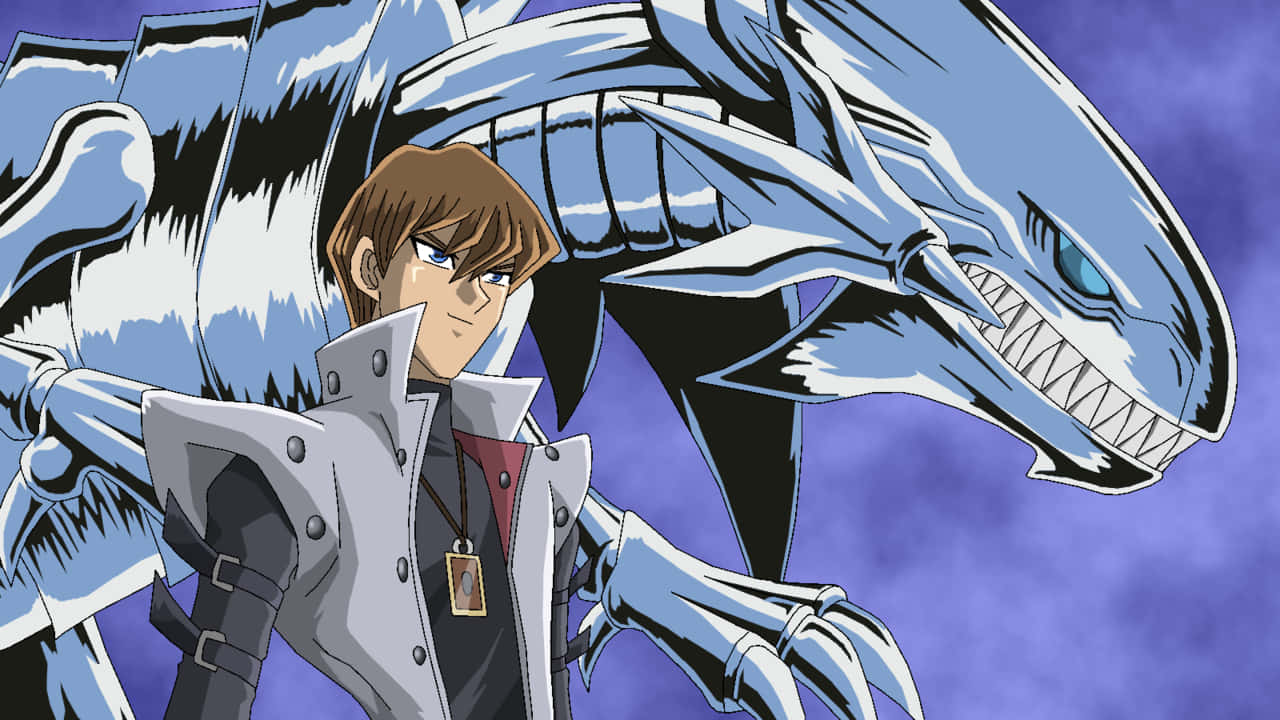 Seto Kaiba 桌布 壁紙 — 一個堅定的動漫男孩自信地站在一隻巨大的藍色骷髏龍旁邊，背景是旋轉的紫色天空。