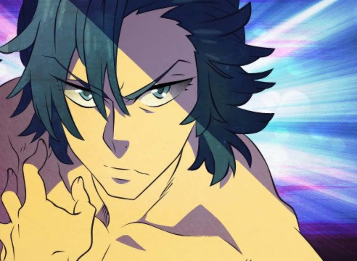 Aikuro Mikisugi 桌布 壁紙 — 一個堅定的動漫男性，擁有尖刺的深色頭髮和發光的眼睛，背景是充滿活力的藍色和紫色能量爆發。