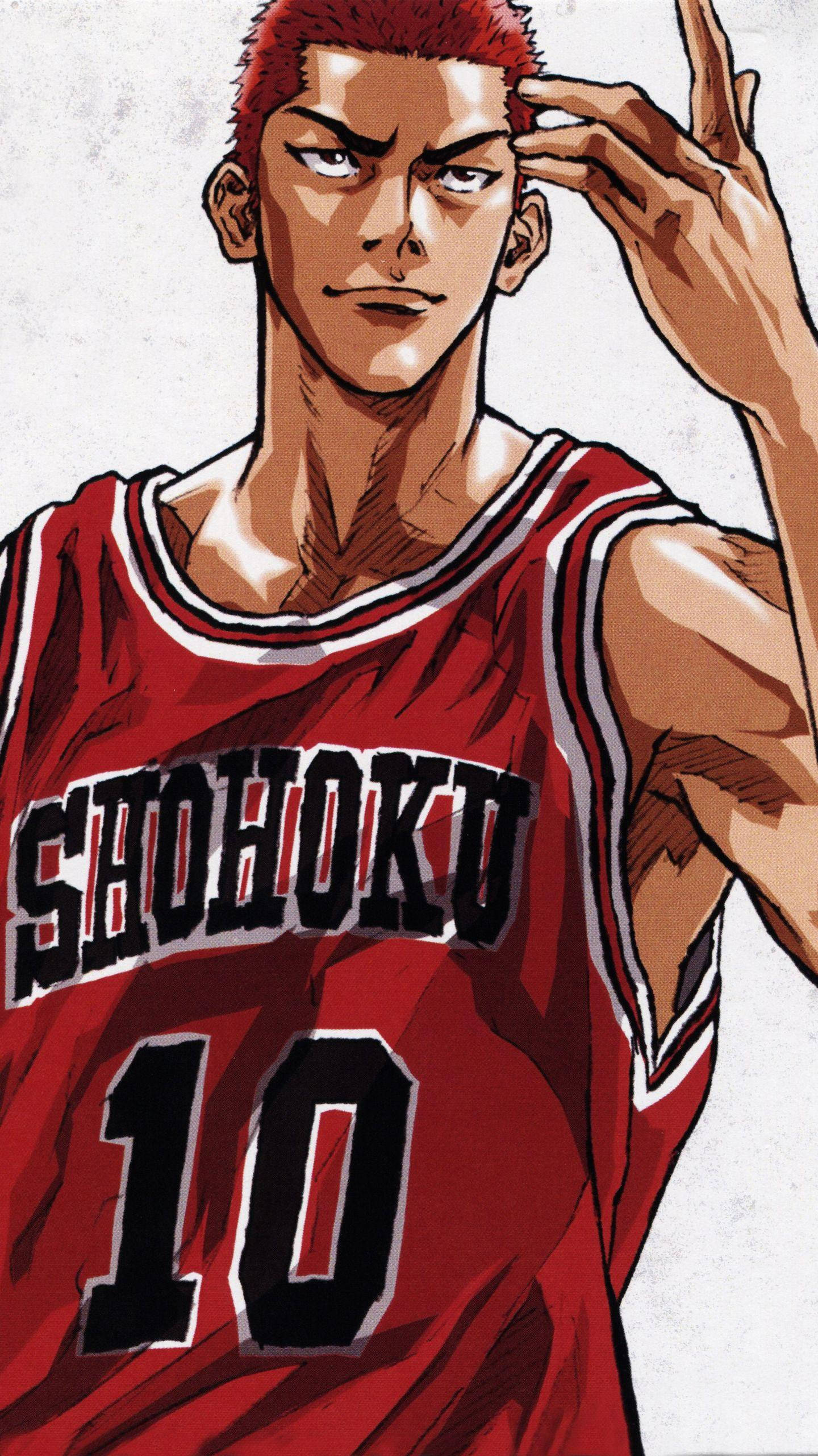 Slam 桌布 壁紙 — 一個堅定的動漫籃球運動員，身穿紅色湘北球衣10號，專注地抓頭。