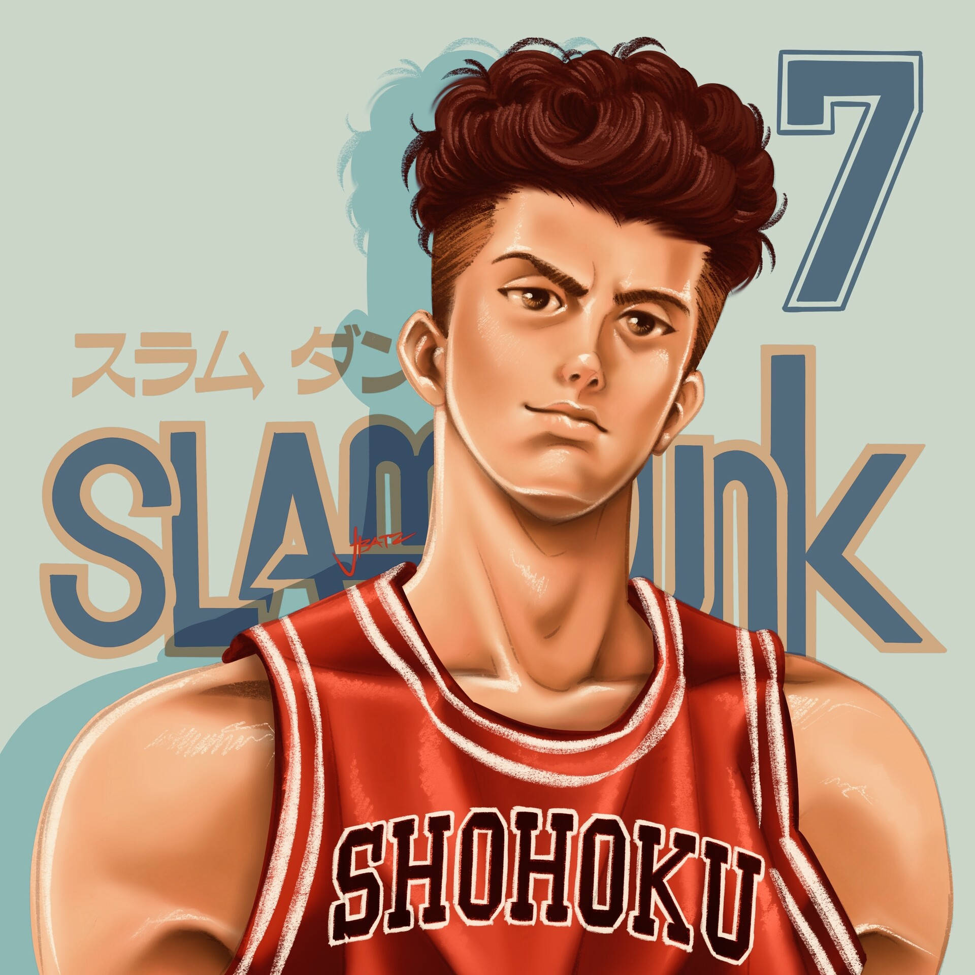 Slam 桌布 壁紙 — 一個堅定的動漫籃球運動員，身穿紅色湘北球衣，號碼7，背景為帶有日文字體的風格化背景。