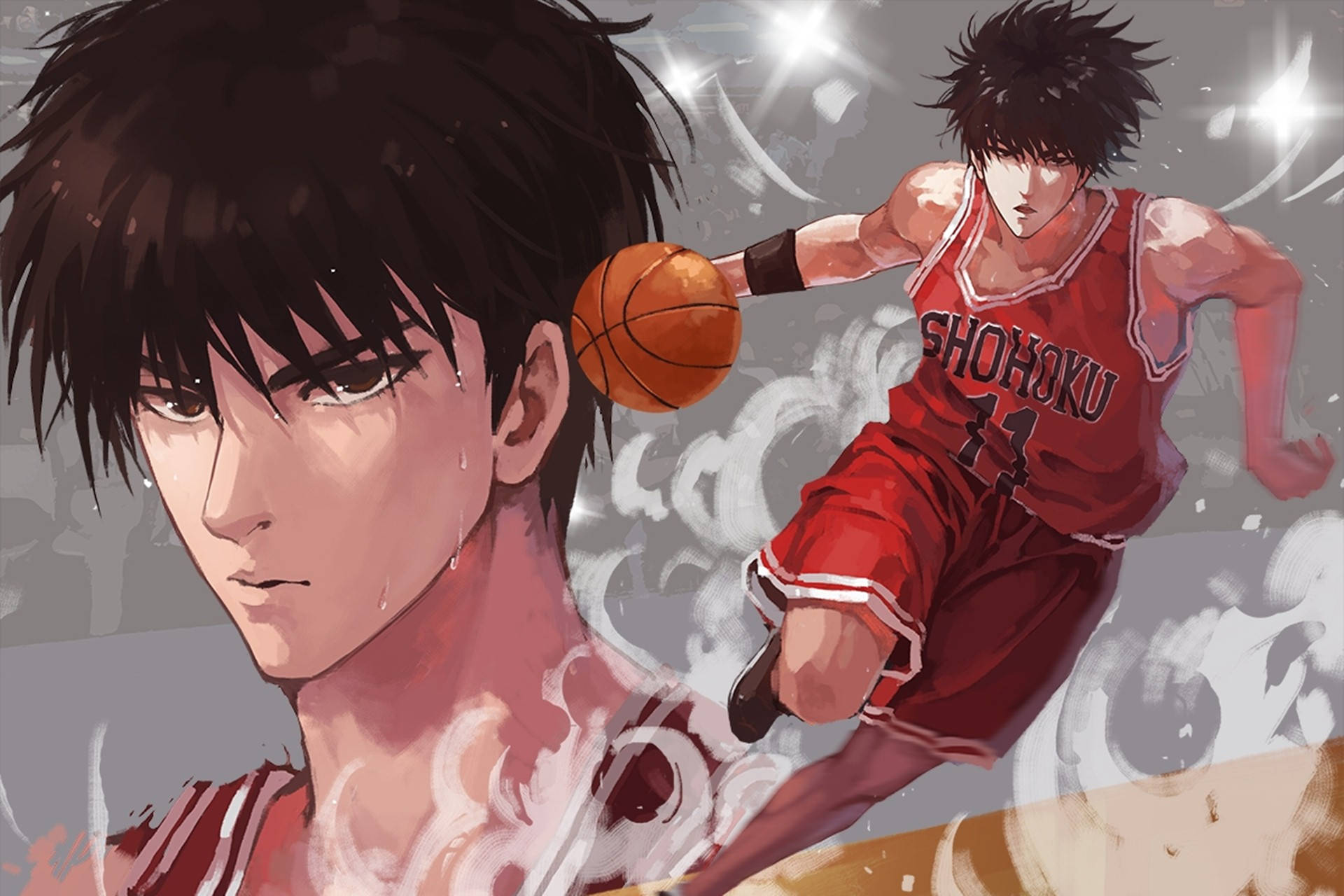 Slam 桌布 壁紙 — 一個堅定的動漫籃球運動員穿著紅色湘北球衣，在專注的臉上滴著汗水，激烈地運球。