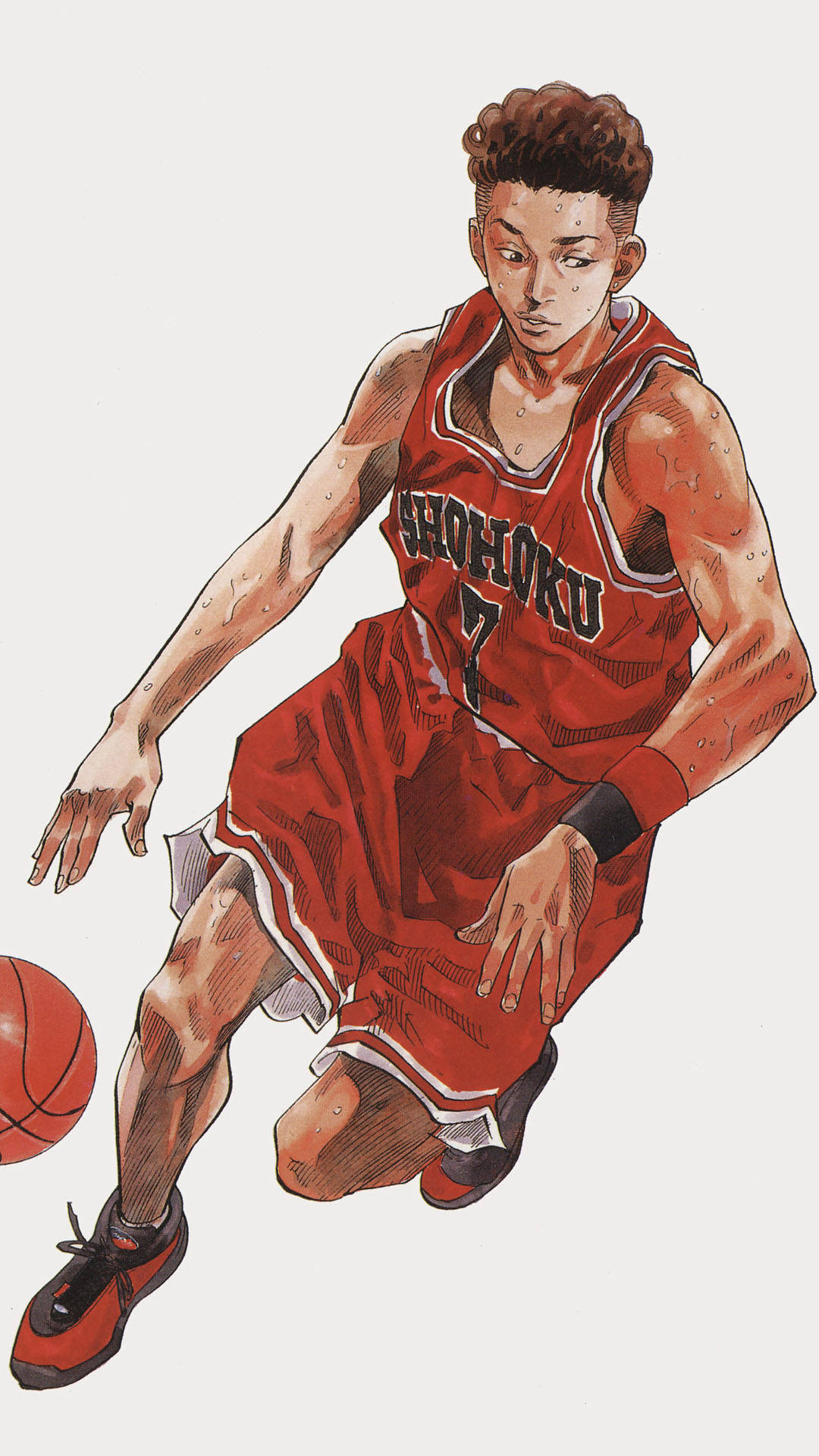 Slam 桌布 壁紙 — 一個堅定的動漫籃球運動員穿著紅色湘北球衣，汗水在皮膚上閃閃發光，激烈地運球。