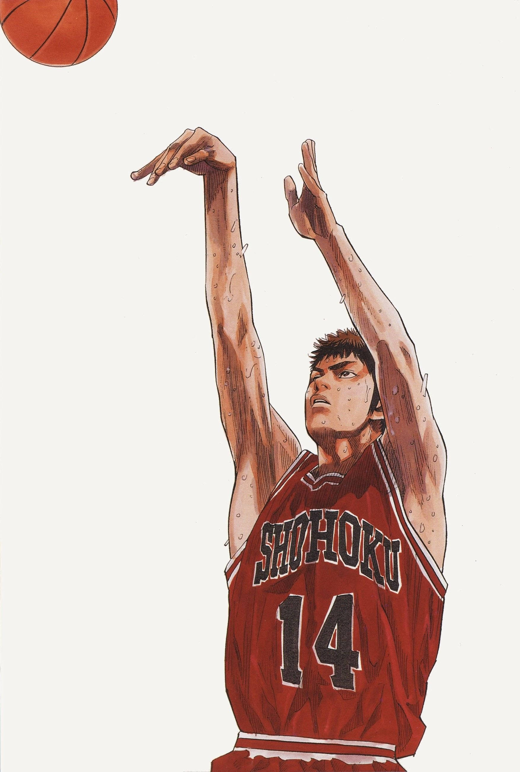 Slam 桌布 壁紙 — 一個堅定的動漫籃球運動員穿著紅色湘北球衣，在純色背景下投籃，手臂上閃爍著汗水。