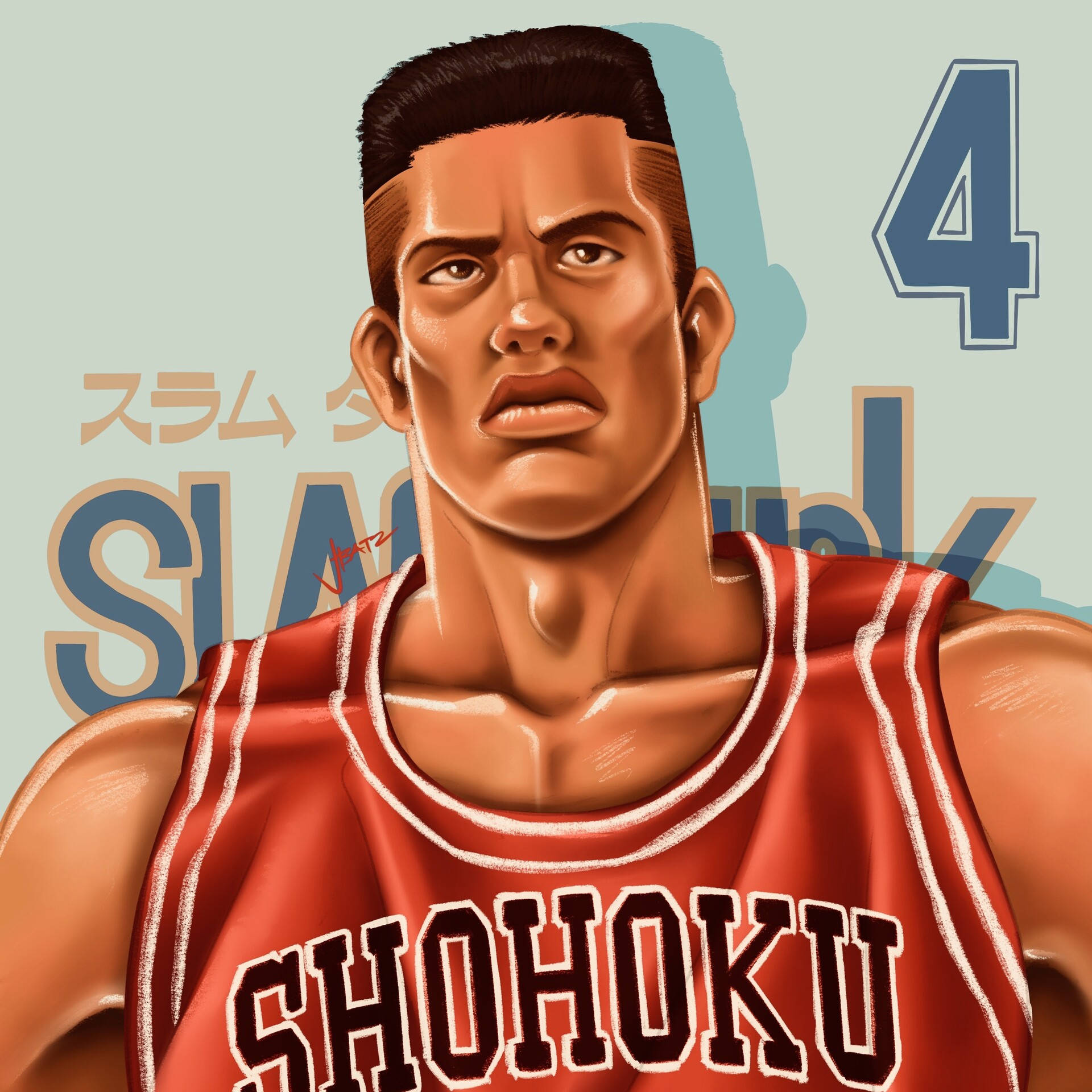 Slam 桌布 壁紙 — 一個堅定的動漫籃球運動員穿著紅色湘北球衣，帶著專注的表情凝視著。