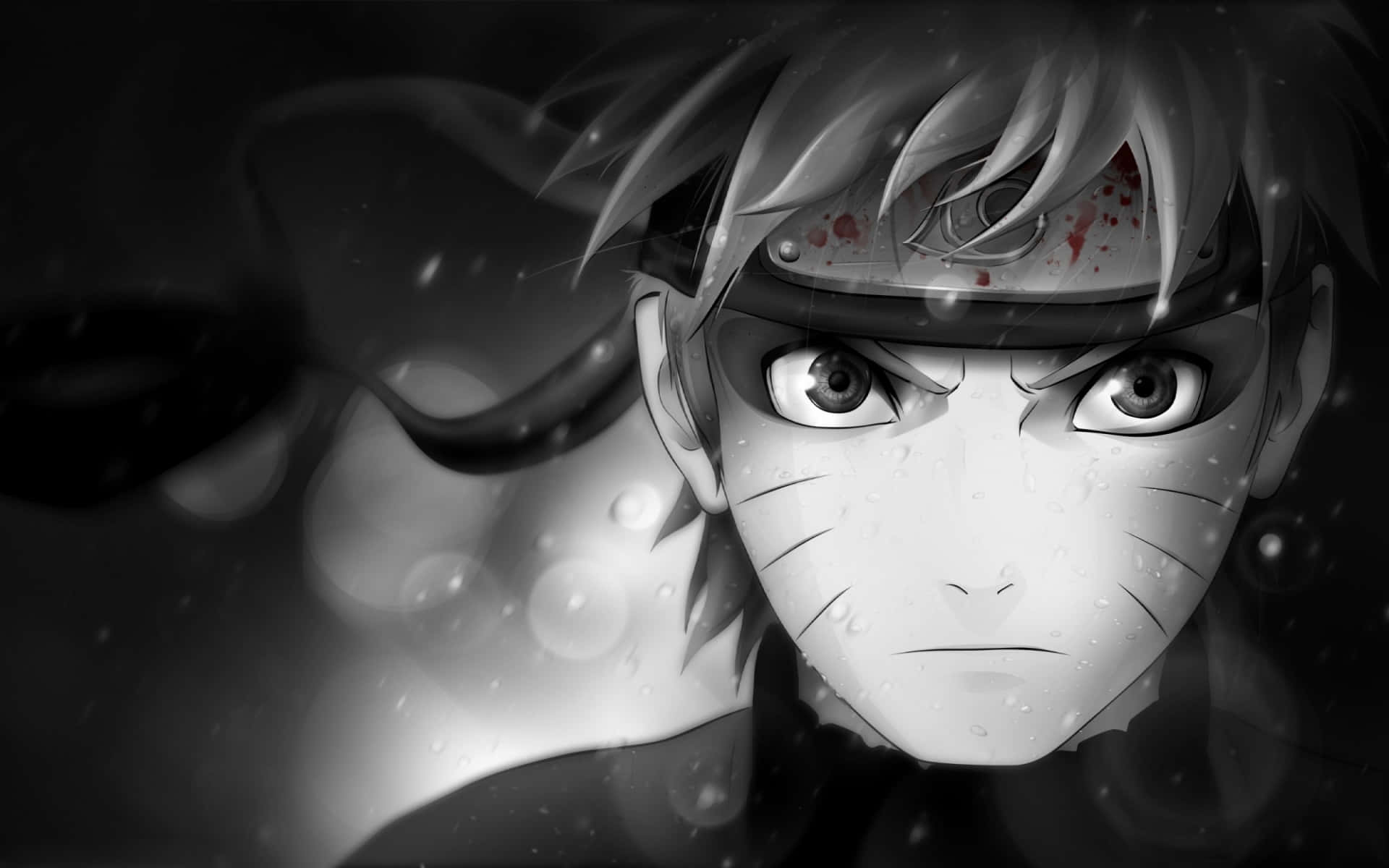 Naruto Alone 桌布 壁紙 — 一個堅定的動漫角色，帶有鬍鬚標記和頭帶，在單色場景中透過飄落的雪花凝視著。