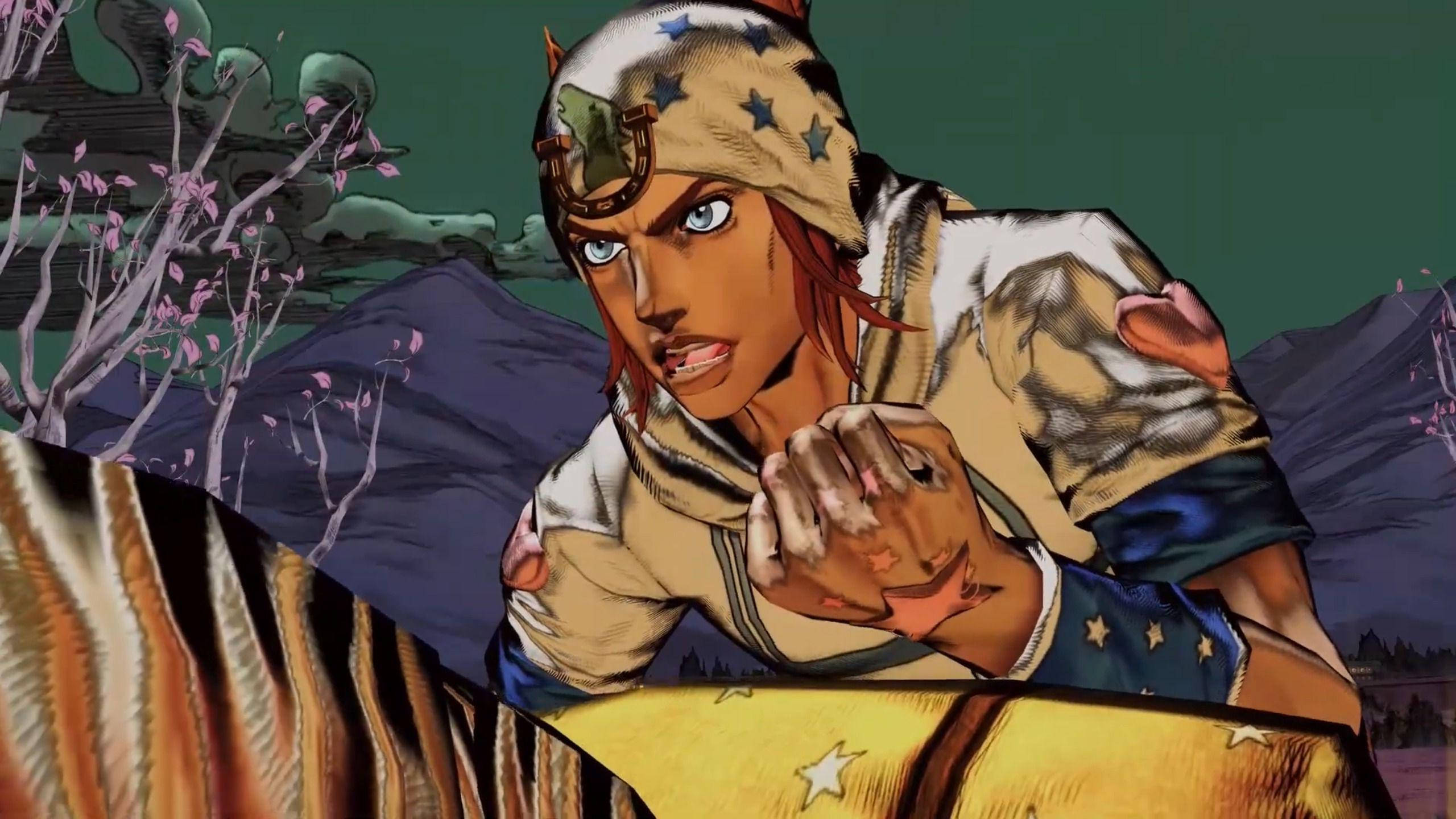 Johnny Joestar 桌布 壁紙 — 一個堅定的動漫角色，戴著星形圖案的頭飾和夾克，在陰鬱的暮色景觀中靠向虎紋屏障。