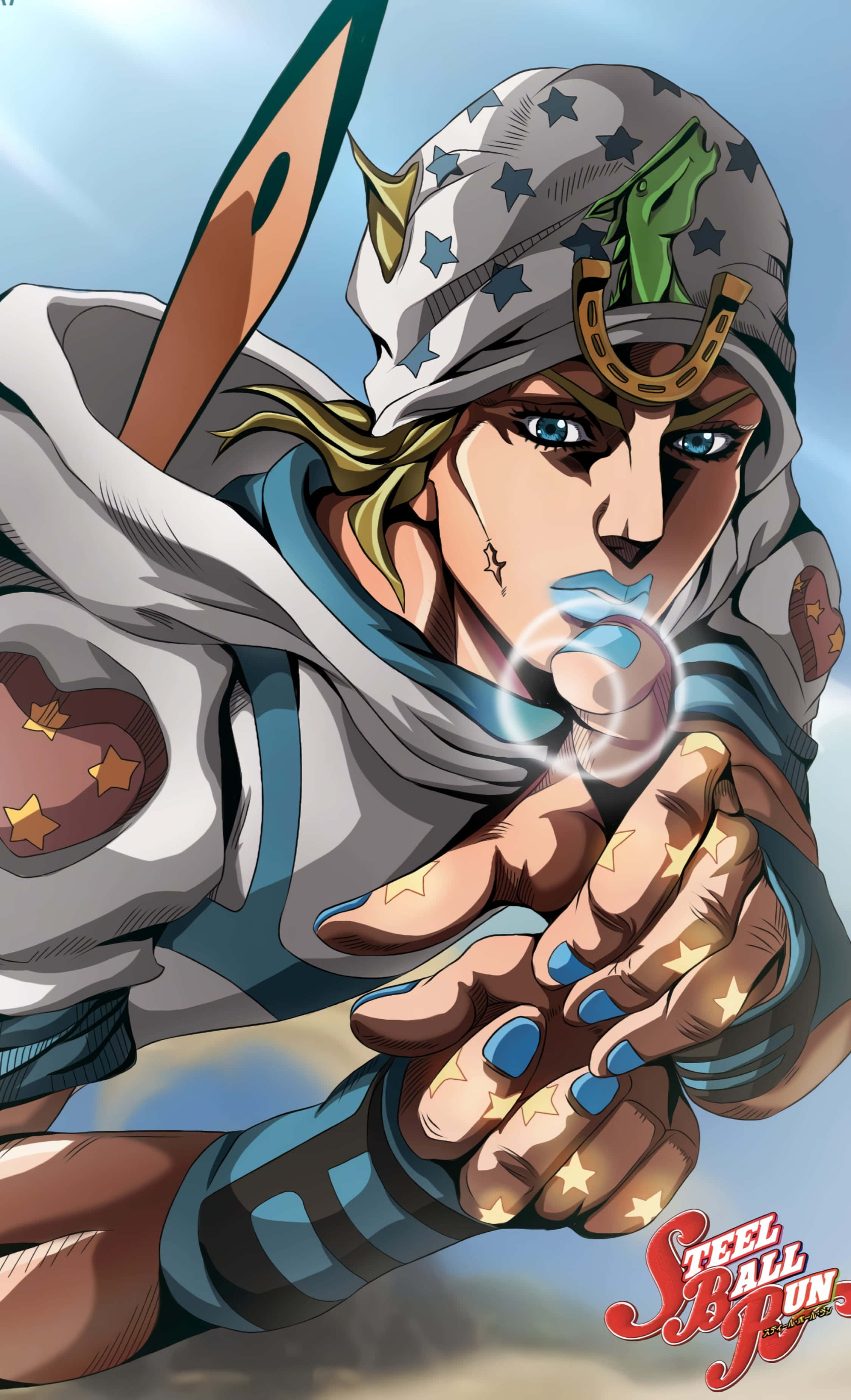 Jojo Steel Ball Run 桌布 壁紙 — 一個堅定的動漫角色，戴著星星圖案的頭飾和藍色指甲油，雙手向明亮的天空釋放能量。