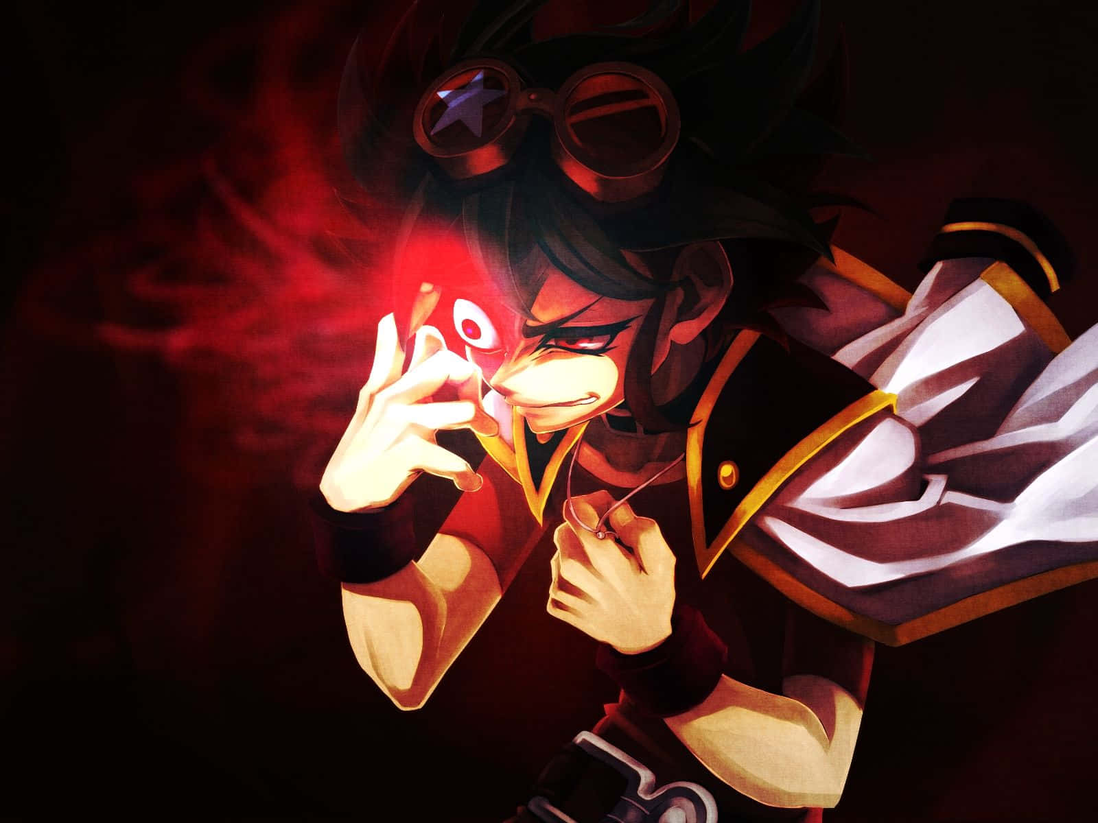 Yuya Sakaki 桌布 壁紙 — 一個堅定的動漫角色，戴著護目鏡和發光的紅色眼睛，在黑暗、煙霧瀰漫的環境中引導能量。