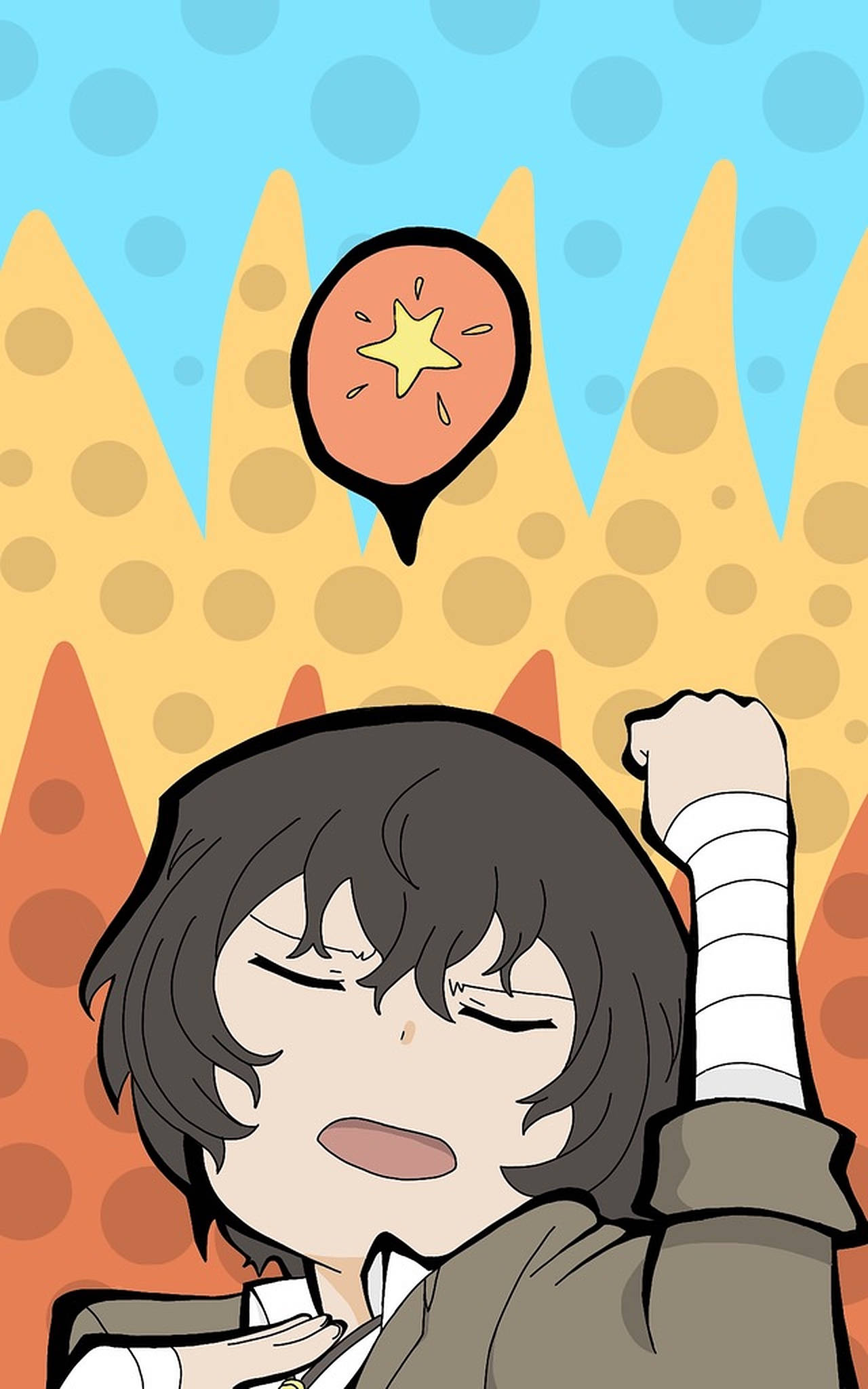 Dazai 桌布 壁紙 — 一個堅定的動漫角色，手臂纏著繃帶，在充滿活力的圓點背景上舉起拳頭，伴隨著星爆效果。