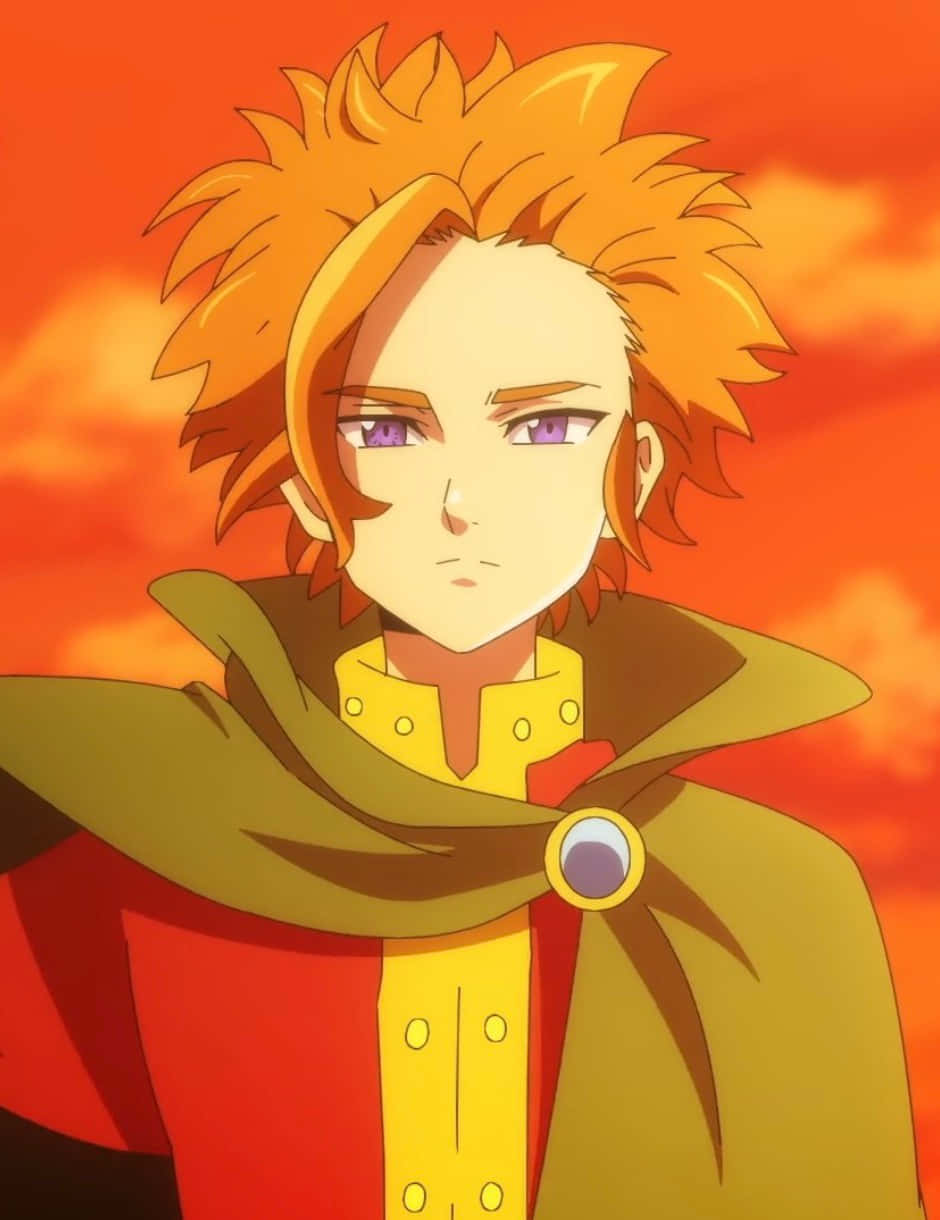 Seven Deadly Sins Arthur Pendragon 桌布 壁紙 — 一個堅定的動漫角色，擁有尖刺的橙色頭髮和紫色眼睛，站在火紅的橙色日落天空前。