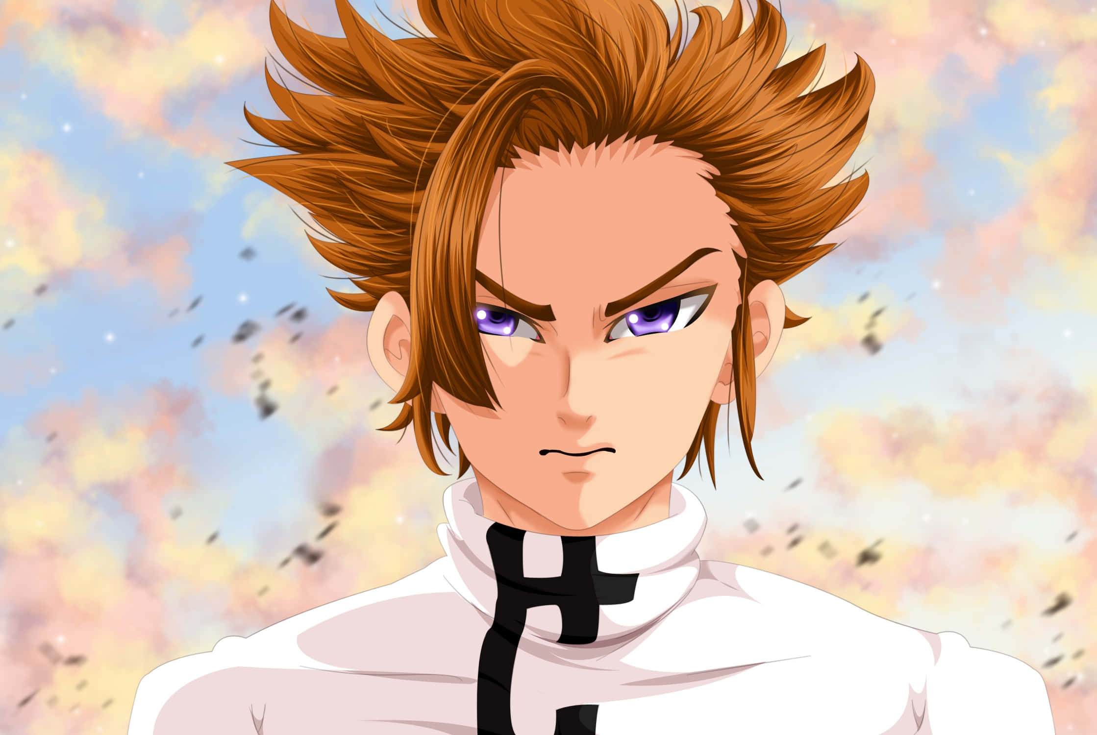 Seven Deadly Sins Arthur Pendragon 桌布 壁紙 — 一個堅定的動漫角色，擁有尖刺的橙色頭髮和紫色眼睛，在柔和粉彩的天空下強烈凝視。