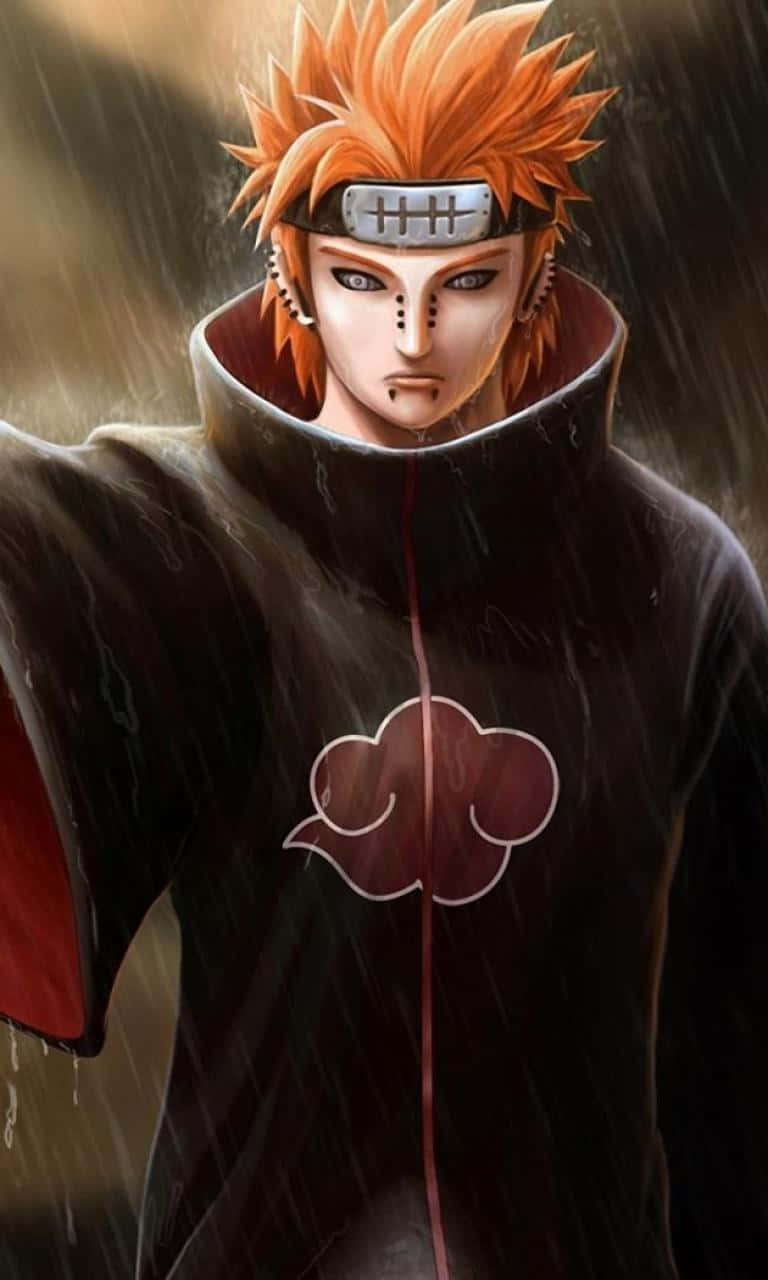 Nagato 桌布 壁紙 — 一個堅定的動漫角色，擁有尖刺的橙色頭髮和深色斗篷上的紅色雲朵標誌，站在大雨中。