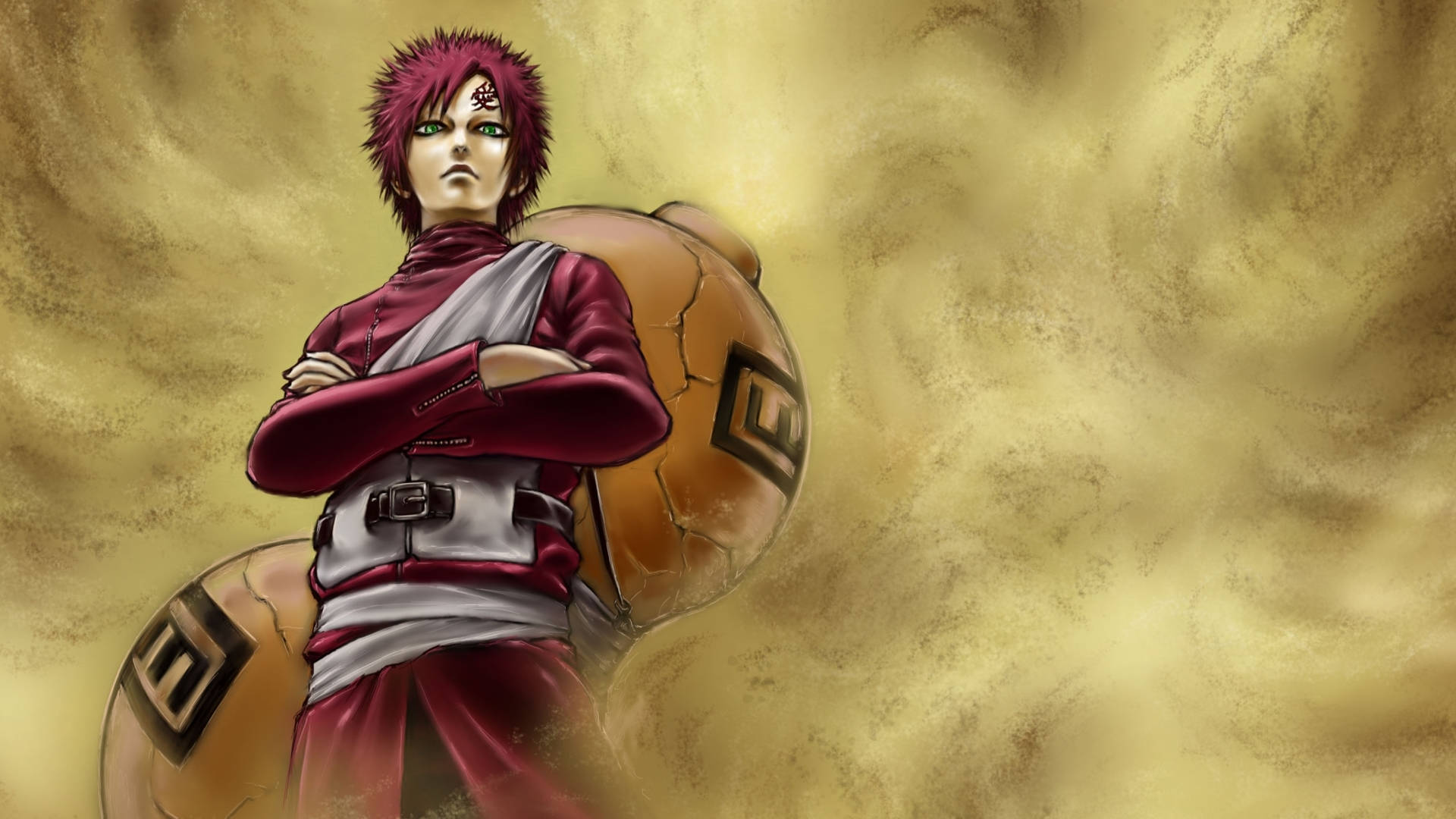 Gaara 桌布 壁紙 — 一個堅定的動漫角色，擁有尖刺的粉紅色頭髮和綠色眼睛，自信地交叉雙臂站在旋轉的金色背景前。