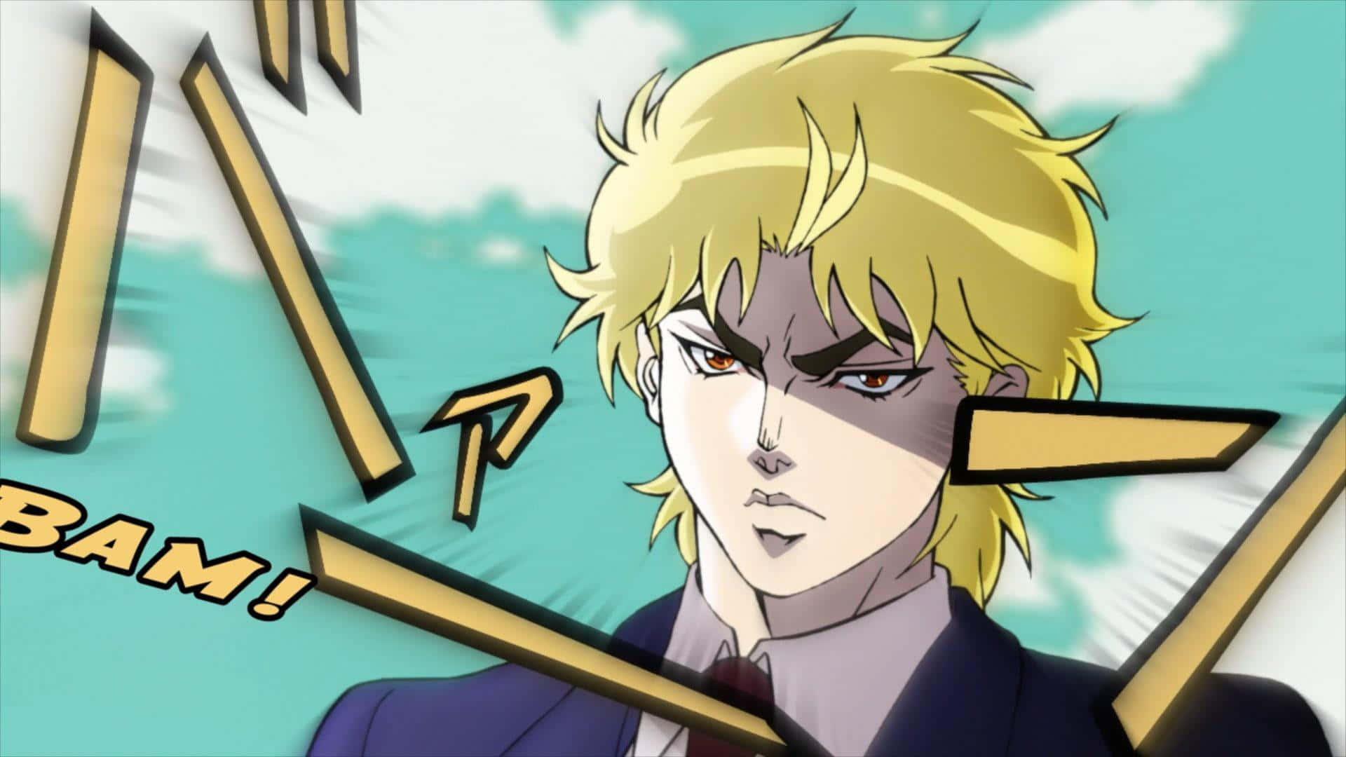 Diego Brando 桌布 壁紙 — 一個堅定的動漫角色，擁有尖刺金髮和強烈的紅眼睛，在青綠色的天空下擺出動態姿勢，並帶有漫畫音效。