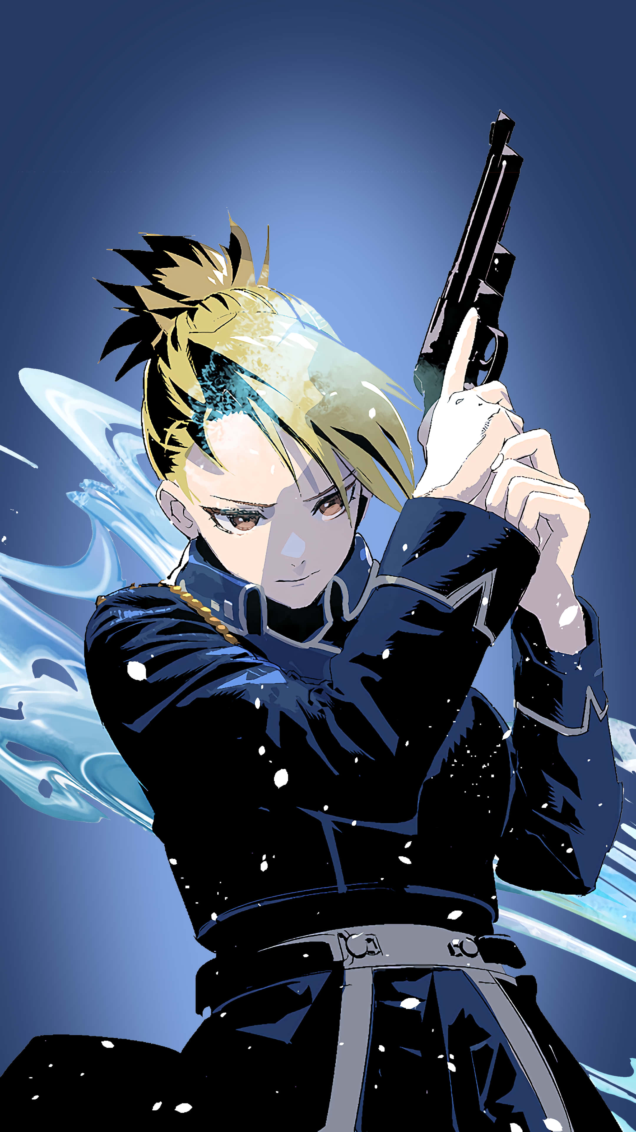 Riza Hawkeye 桌布 壁紙 — 一個堅定的動漫角色，擁有尖刺金髮，在帶有發光能量效果的動態藍色背景前瞄準手槍。