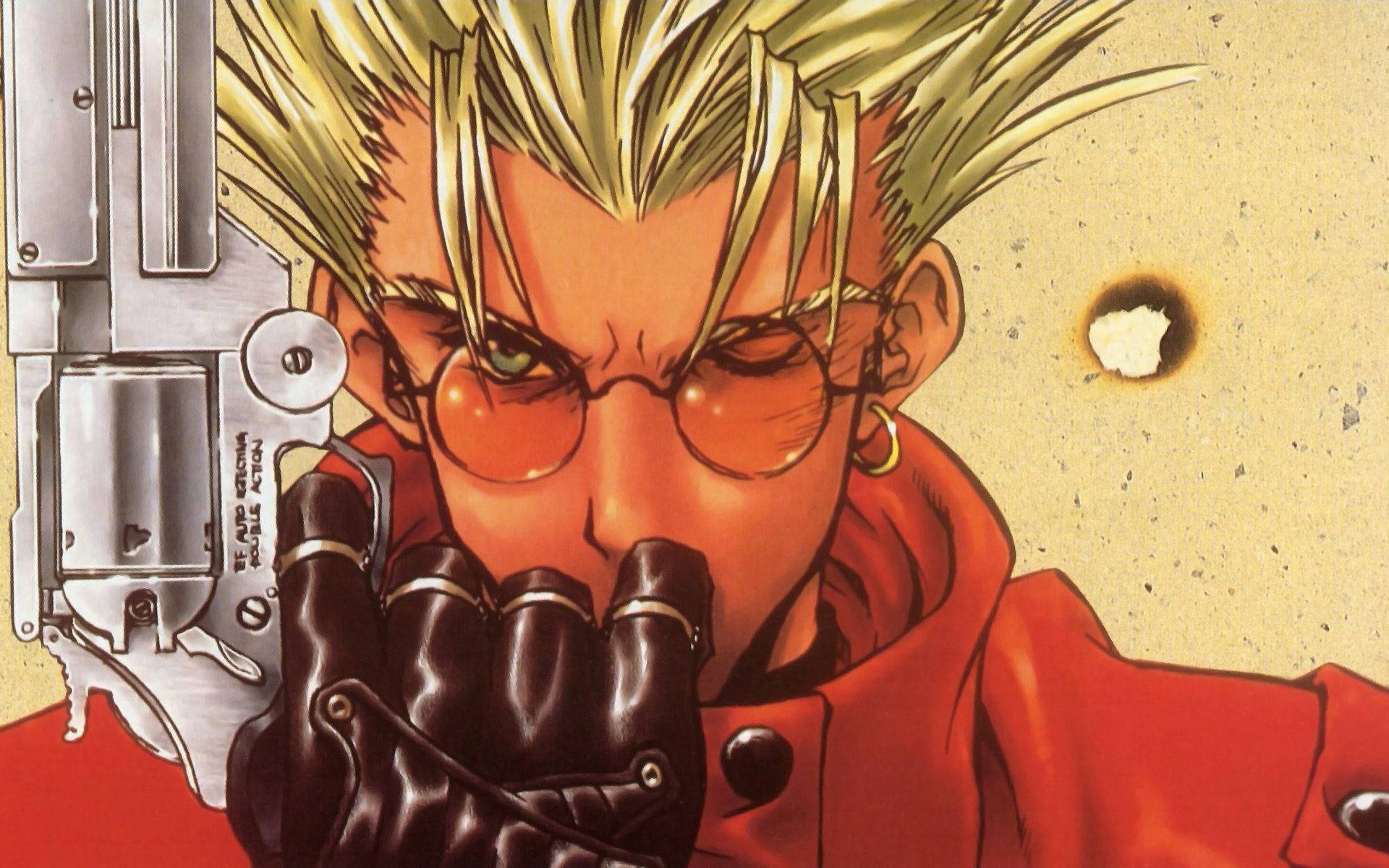 Trigun 桌布 壁紙 — 一個堅定的動漫角色，擁有尖刺金髮和紅色眼鏡，戴著手套的手瞄準左輪手槍，背景是帶紋理的米色。