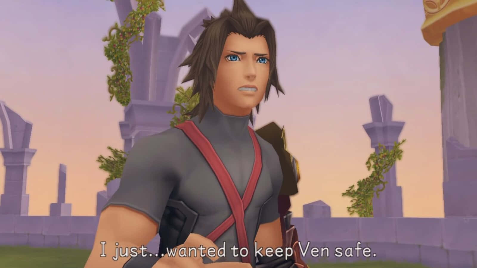 Kingdom Hearts Terra 桌布 壁紙 — 一個堅定的動漫角色，擁有尖刺黑髮和藍色眼睛，在日落時分站在古代遺跡前。