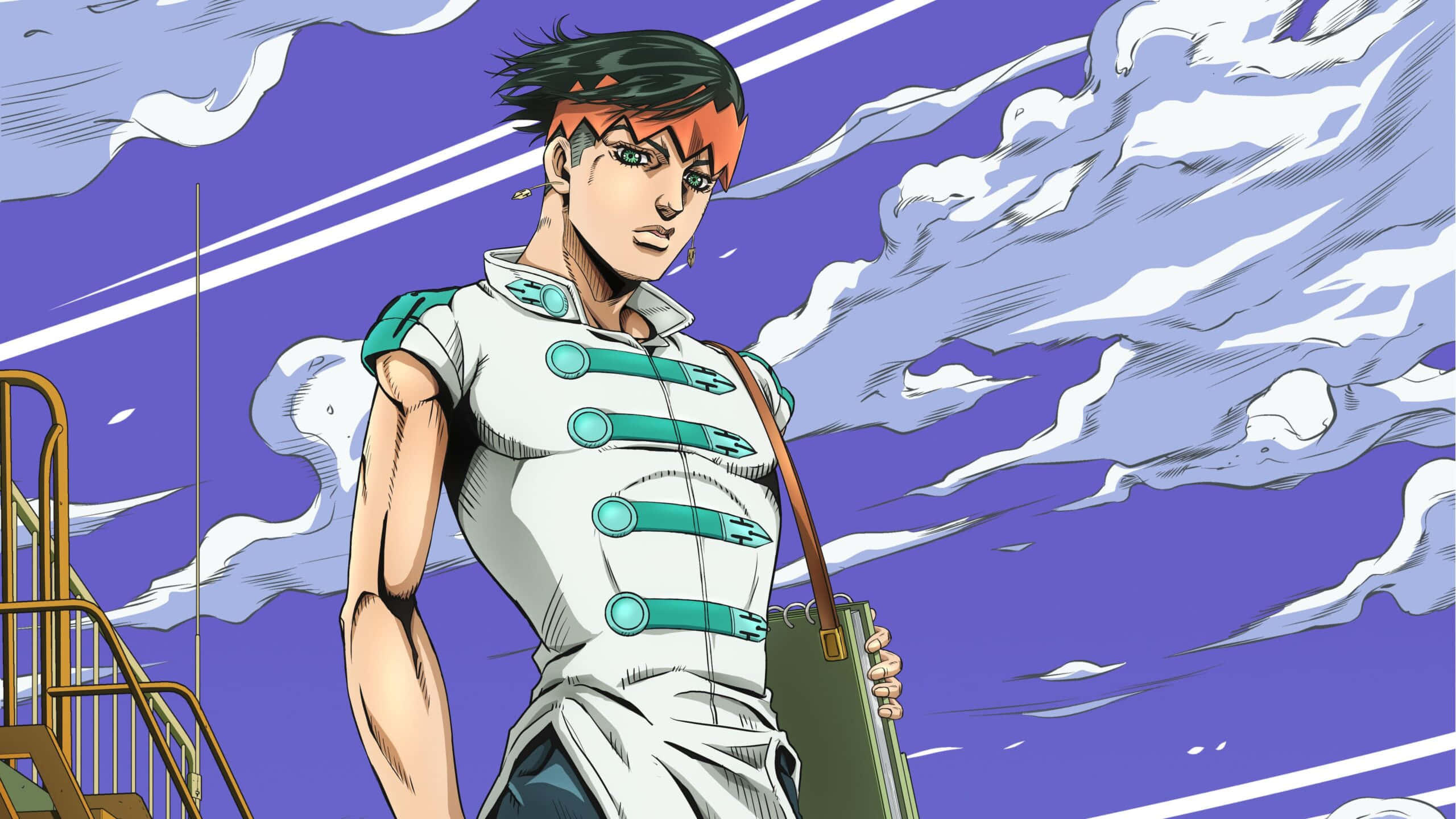 Rohan Kishibe 桌布 壁紙 — 一個堅定的動漫角色，擁有橙色和黑色頭髮，站在充滿動感的紫色天空下，天空中有旋轉的雲朵和光線。