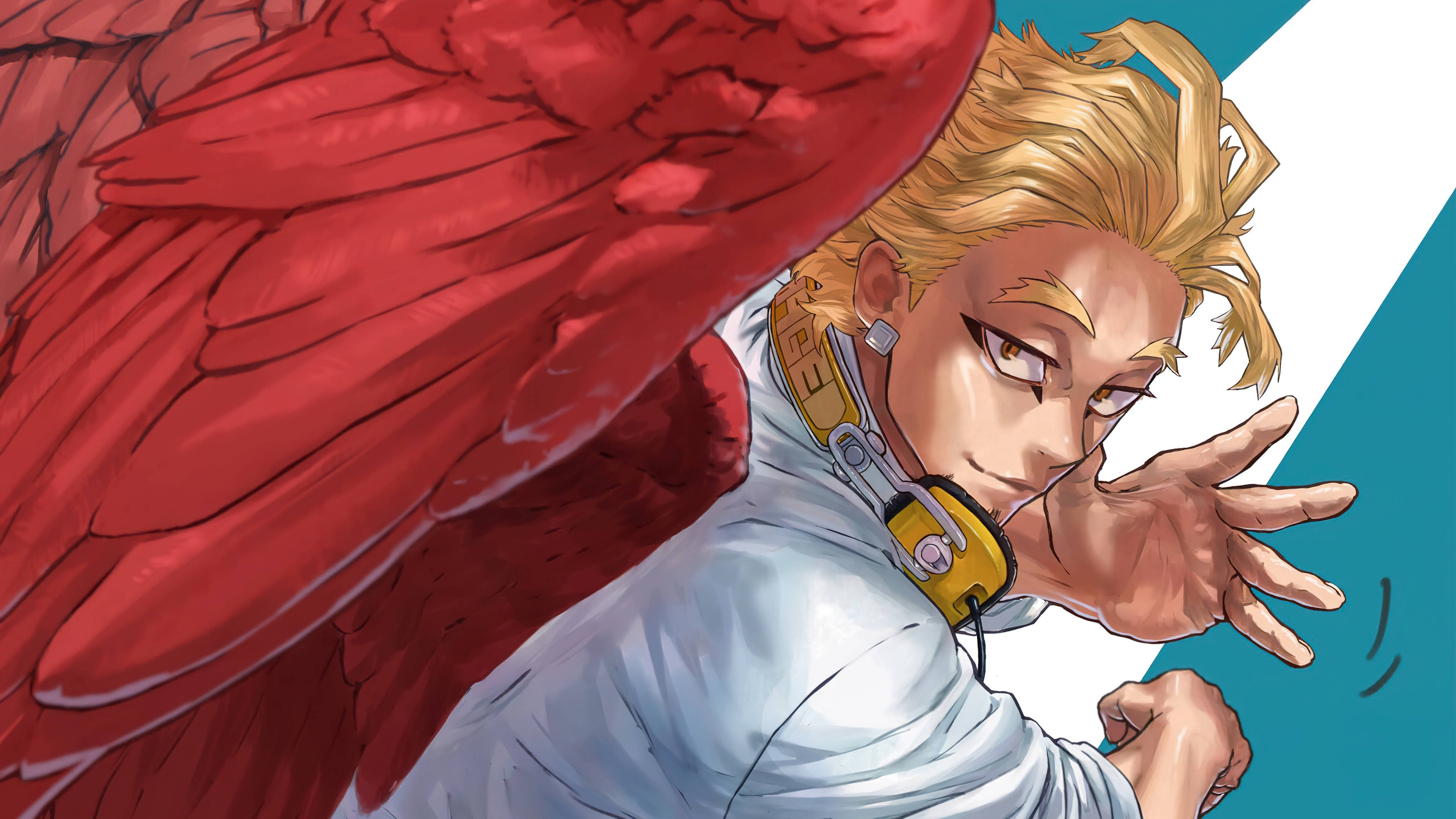 Hawks My Hero Academia 桌布 壁紙 — 一個堅定的動漫角色，擁有紅色翅膀和耳機，握緊拳頭向前凝視。