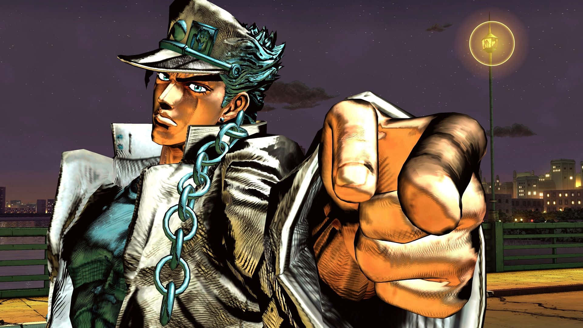 Jotaro 桌布 壁紙 — 一個堅定的動漫角色，擁有青綠色頭髮和鏈條飾品，在繁星點點的夜晚城市景觀中直接指向觀眾。