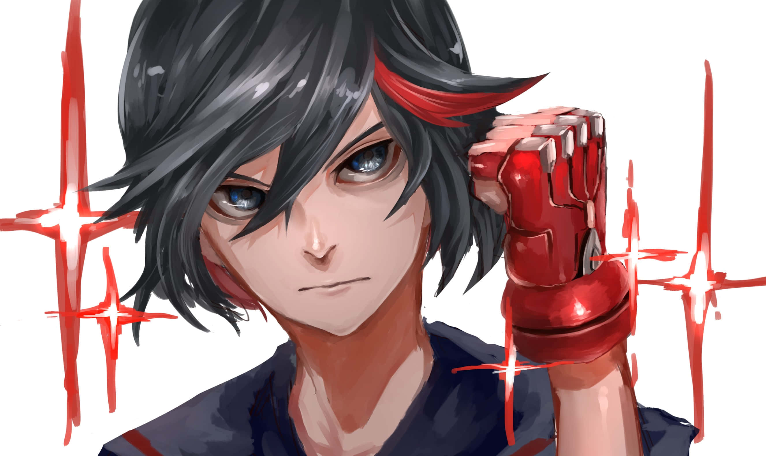 Kill La Kill 桌布 壁紙 — 一個堅定的動漫角色，擁有黑色和紅色頭髮，以及一隻紅色裝甲拳頭舉起，背景為白色，帶有紅色能量條紋。