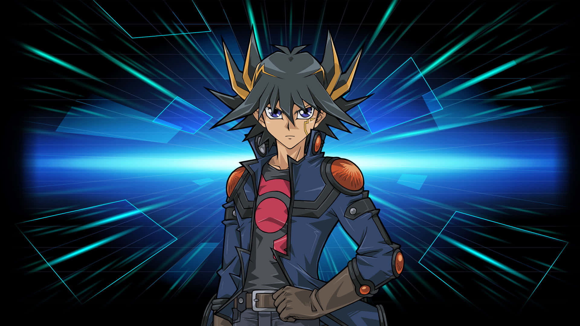 Yusei Fudo 桌布 壁紙 — 一個堅定的動漫角色，擁有黑色和金色的尖刺頭髮，自信地站在發光的藍色和藍綠色數位背景前。