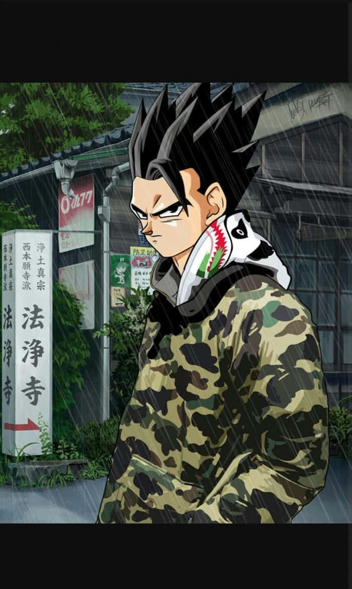 Dragon Ball Z Phone 桌布 壁紙 — 一個堅定的動漫角色，有著刺蝟般的黑髮，站在大雨中，穿著迷彩外套和熊貓圍巾，靠近一個日本寺廟標誌。